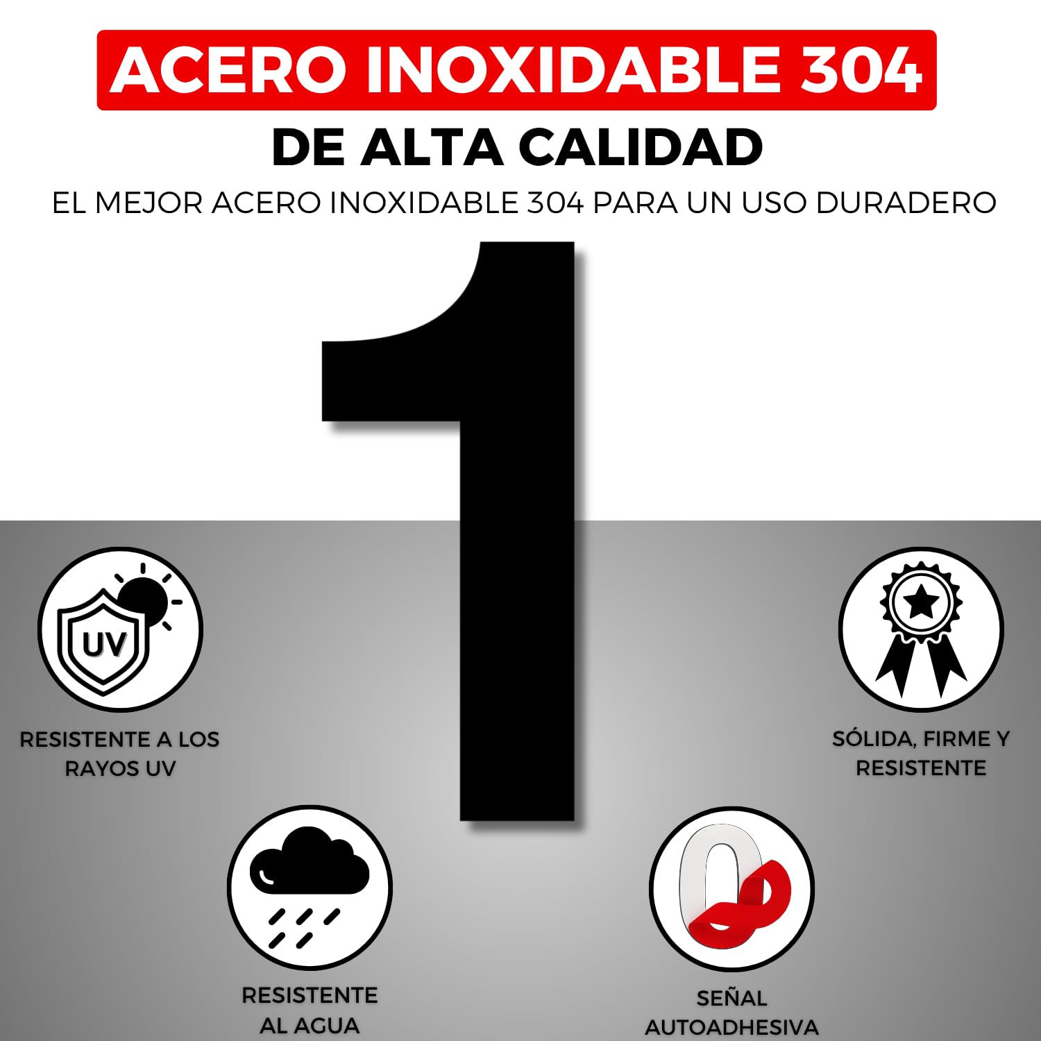 Número Adhesivo Casa - 100 mm - Acero Inoxidable 304 - Nº 1 - Número Apartamento Hotel - Enumeración Puertas - Número dirección - Exterior e Interior - Número 1 (1, 100 mm)