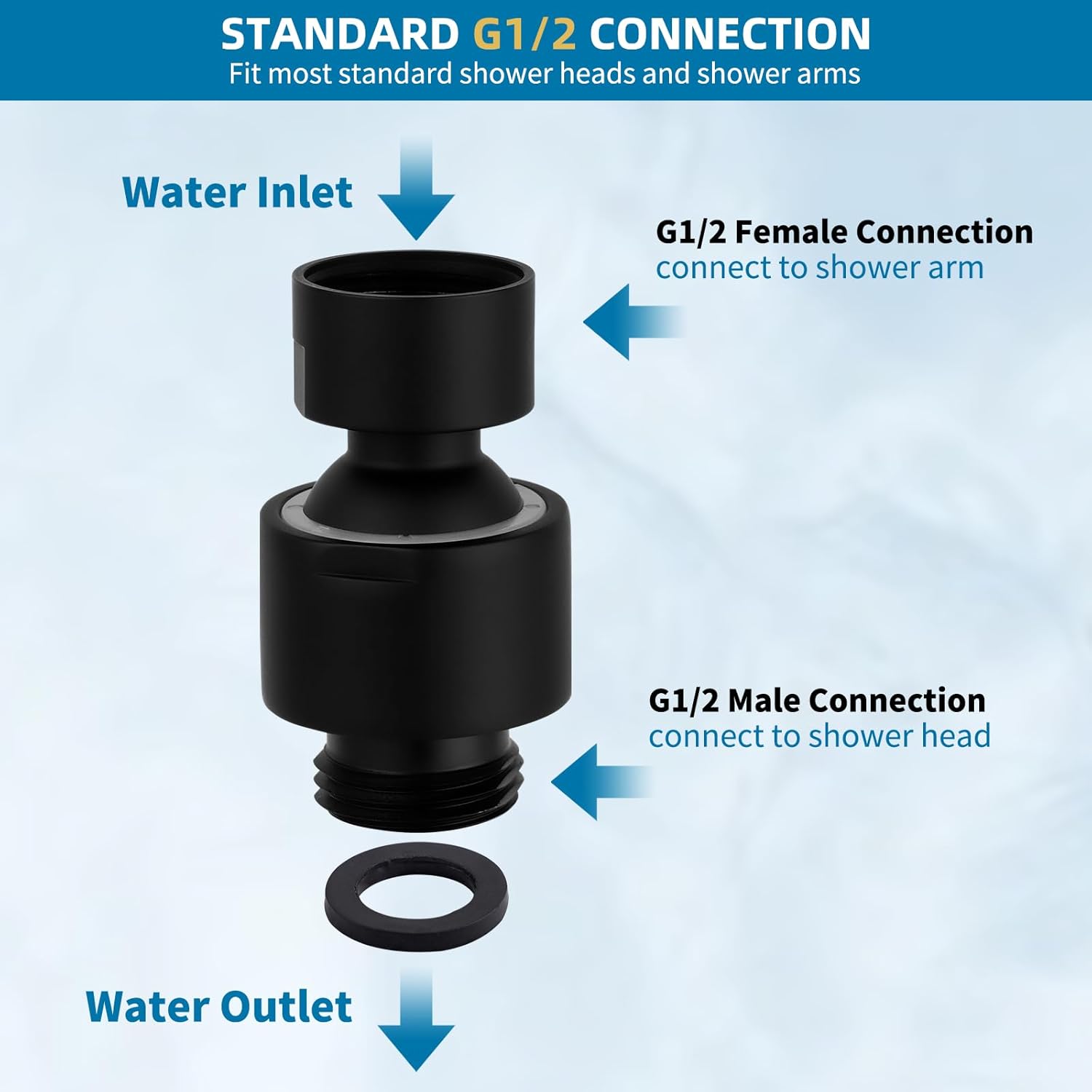 Hibbent Adjustable Metal Shower Head Swivel Ball Joint Adapter, Solid Brass, Matte Black, 30 Swivel, G1/2 Connections, Easy Install
