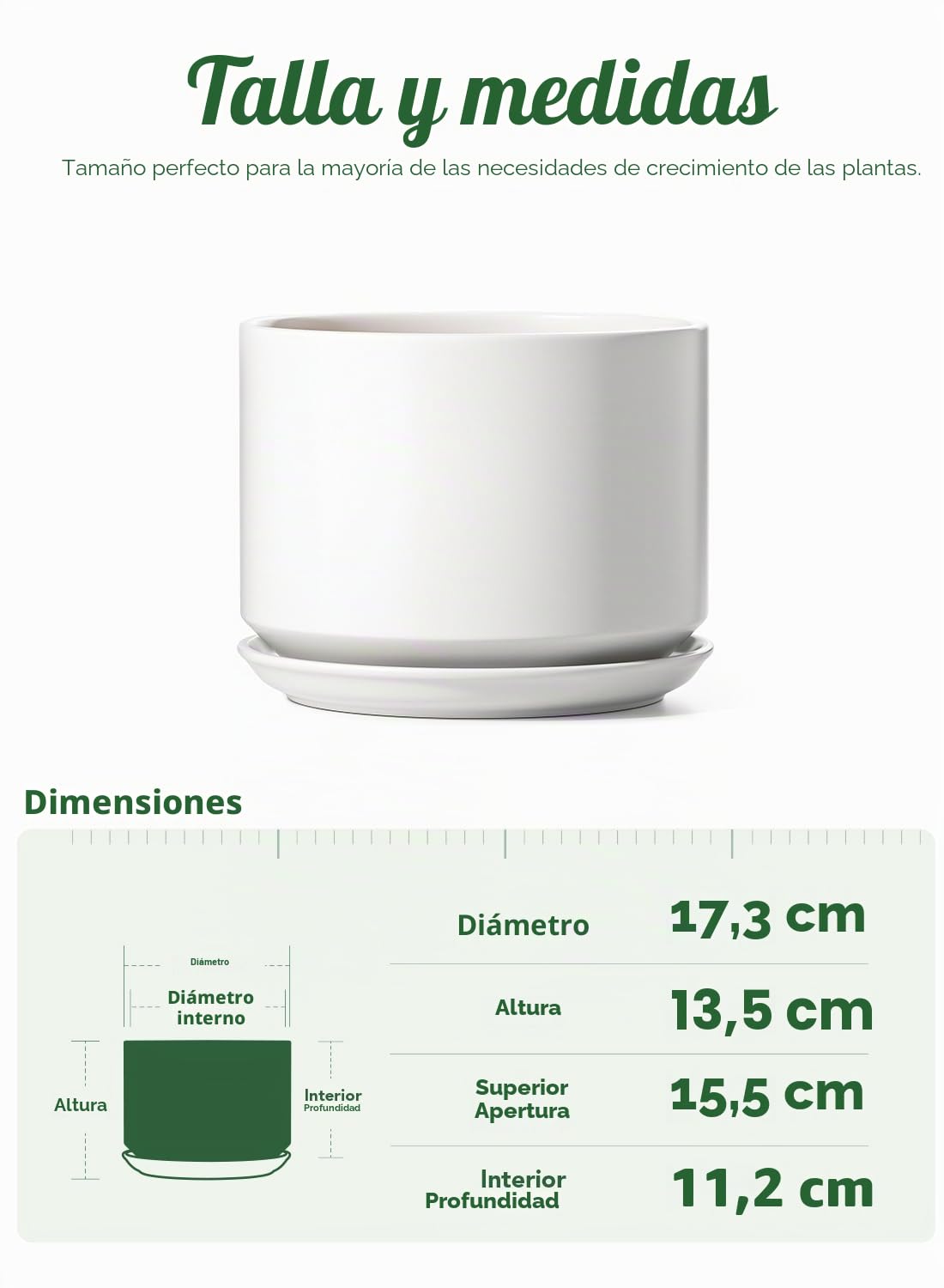 LE TAUCI Maceta de Cerámica de 17 cm con Plato y Agujero de Drenaje, Macetero Moderno para Plantas de Interior, Robusta y Duradera, Decoración para Hogar u Oficina, Blanco