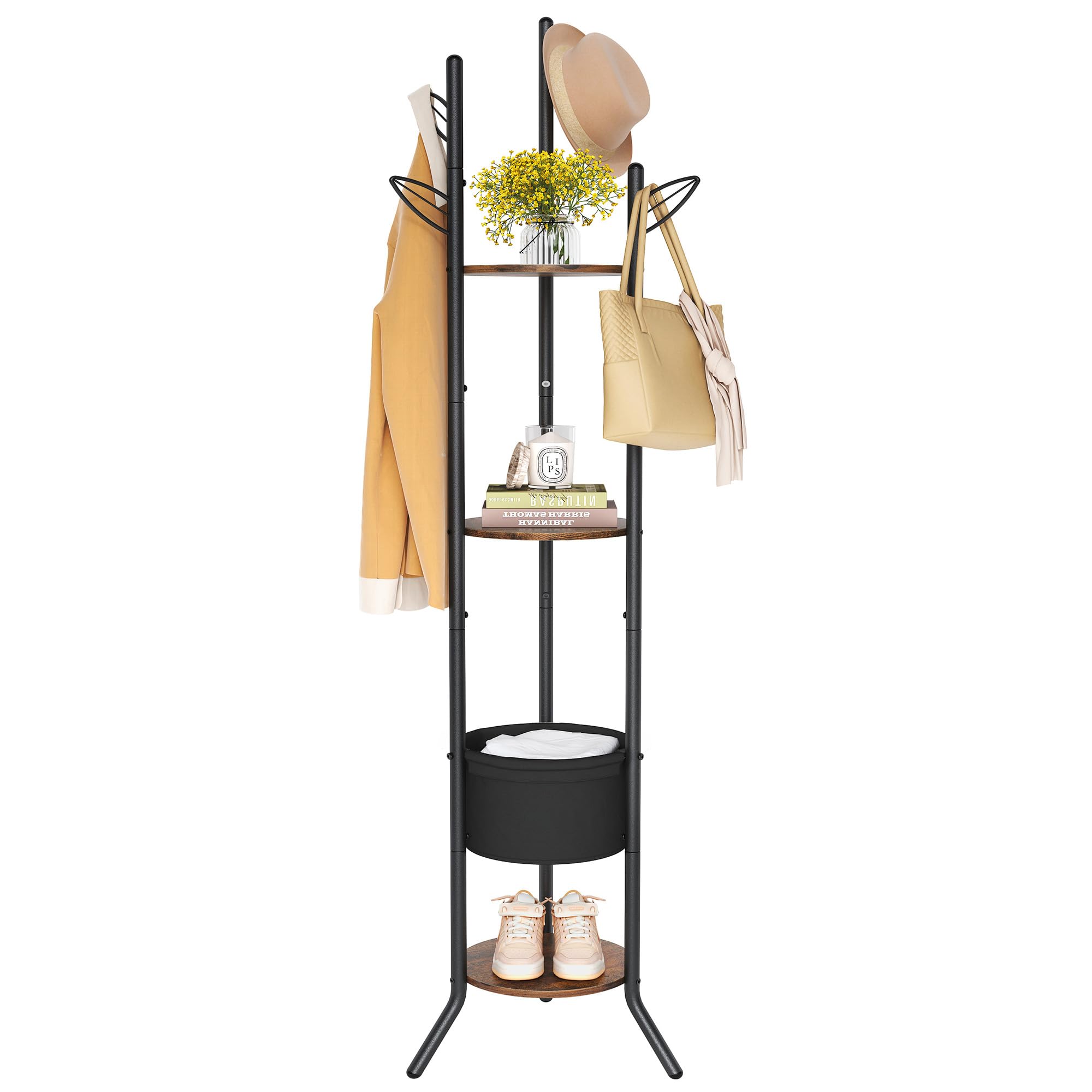 Hoctieon Coat Rack Stand, Metal Coat Rack Freestanding with 3 Wooden Shelves and 1 Fabric Basket, Coat Tree with 5 Leaf-Shaped Hooks, Coat Hanger Stand for Clothes, Hats, Bags, Brown and Black