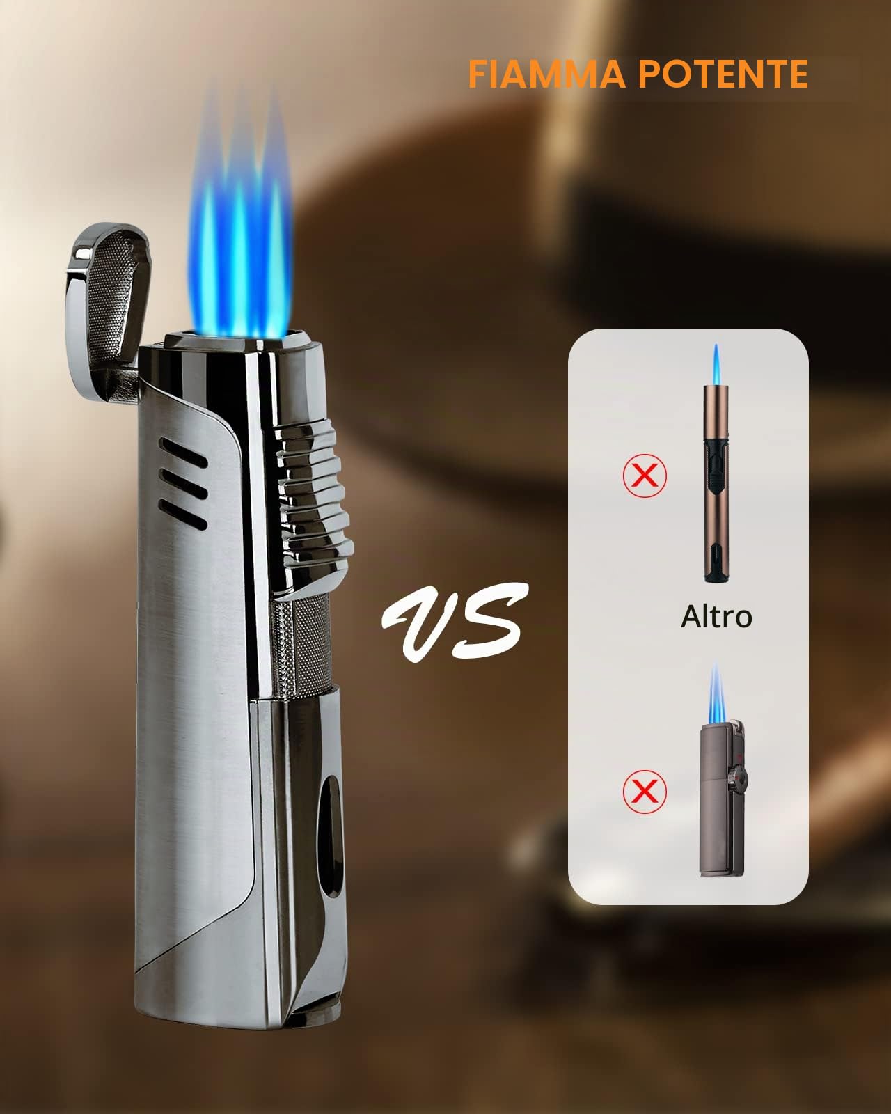 RONXS 2 in 1 Accendino Antivento, Accendino per Sigaro 3 Jet Flame Prevenire il Vento con il Punch al Sigaro, Accendino a Gas Butano Ricaricabile (Venduto Senza Gas)