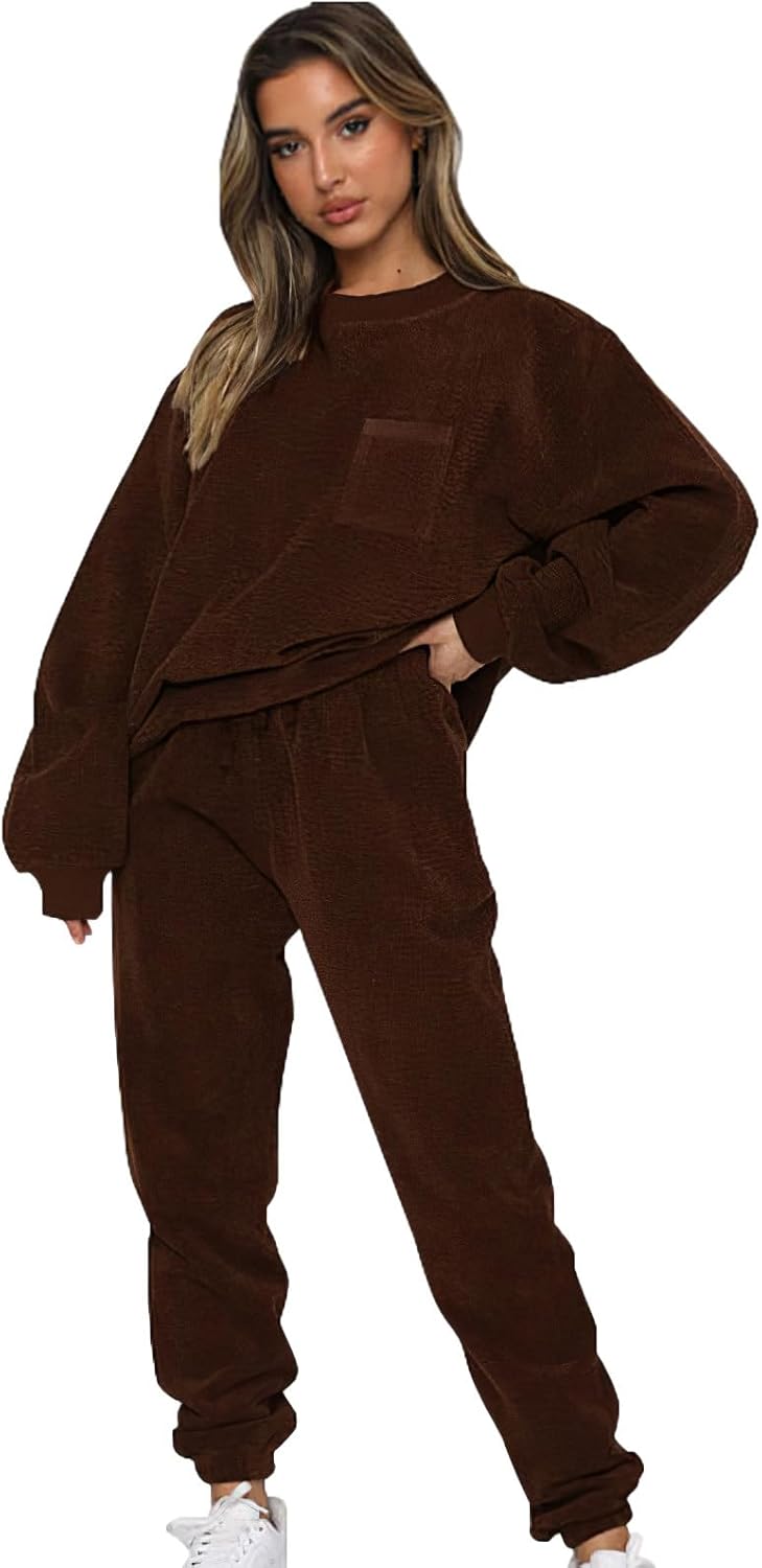 ANUFER Women's Corduroy 2 Pieces Sweatsuit Tracksuit Autumn Winter Fluffy Casual Clothing Set