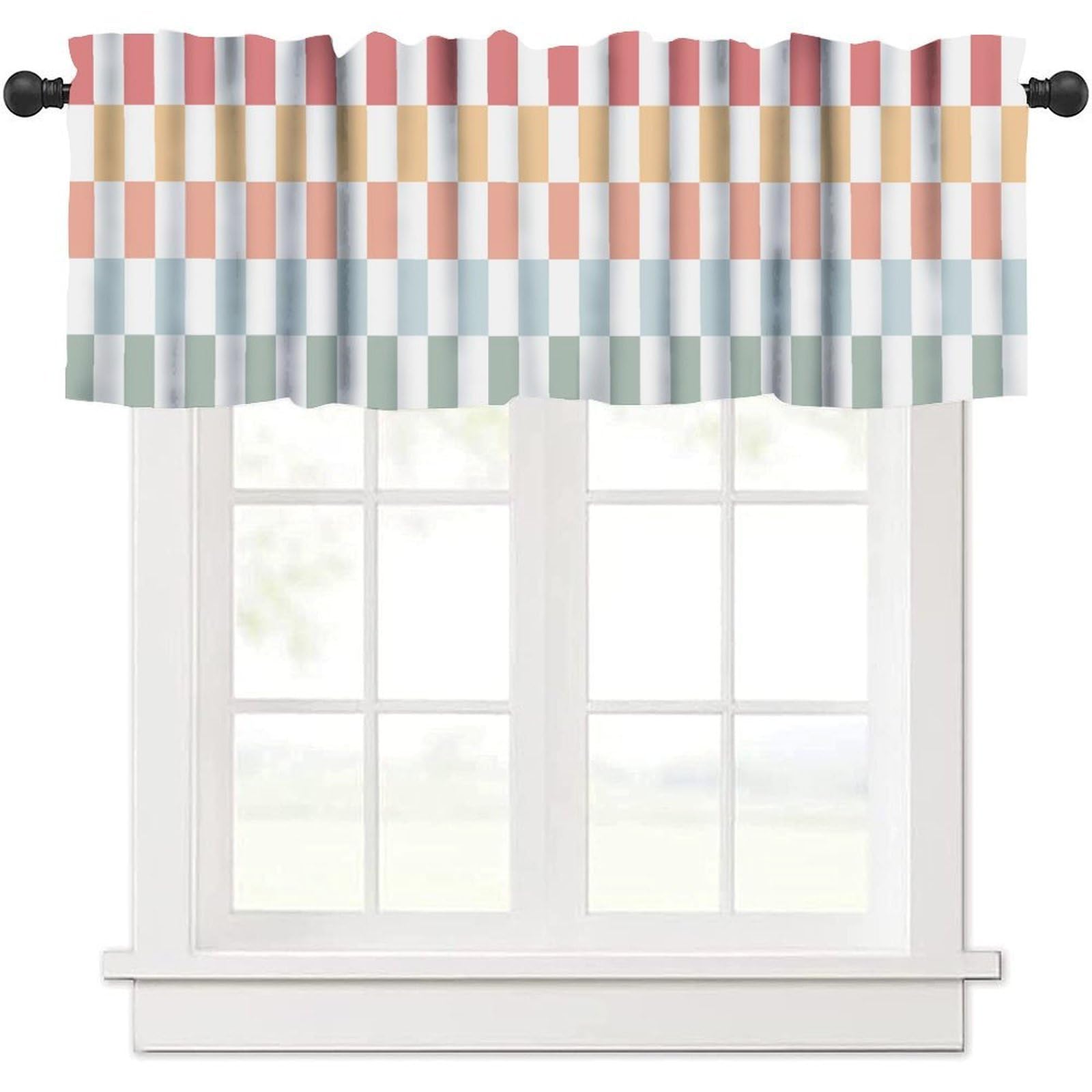 Geometric Striped Window Valance Curtains Modern Colorful Stripes Window Treatments Abstract Art Aesthetic Boho Block Grid Check Curtain Valance for Living Room Kitchen 54x18inch