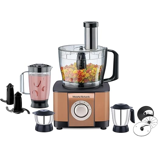 Morphy Richards Icon Superb Food Processor 1000W | 3.2L Bowl | 2 SS Jars + 1 Juicer | 11 Attachments: Kneader, Chopper, Slicer, Shredder, Fry Cutter | Quadra Flow | 2 Year Warranty | ?Glazing Copper?