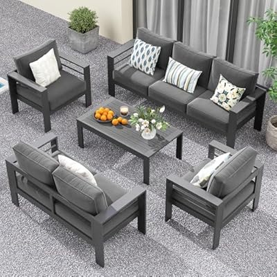 Solaste Aluminum Patio Furniture Set,7 Seats Modern Outdoor Conversation Set Metal Patio Furniture Set Sectional Sofa with Upgrade Cushion and Coffee Table,Dark Grey