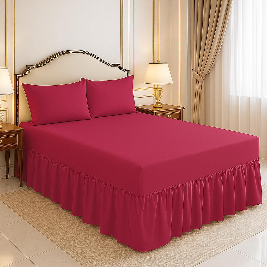 ARLINENS Frilled Valance Sheets for Double Bed Extra Deep Plain Dyed Polycotton Sheet (Fuschia,137 x 193 + 39 cm)
