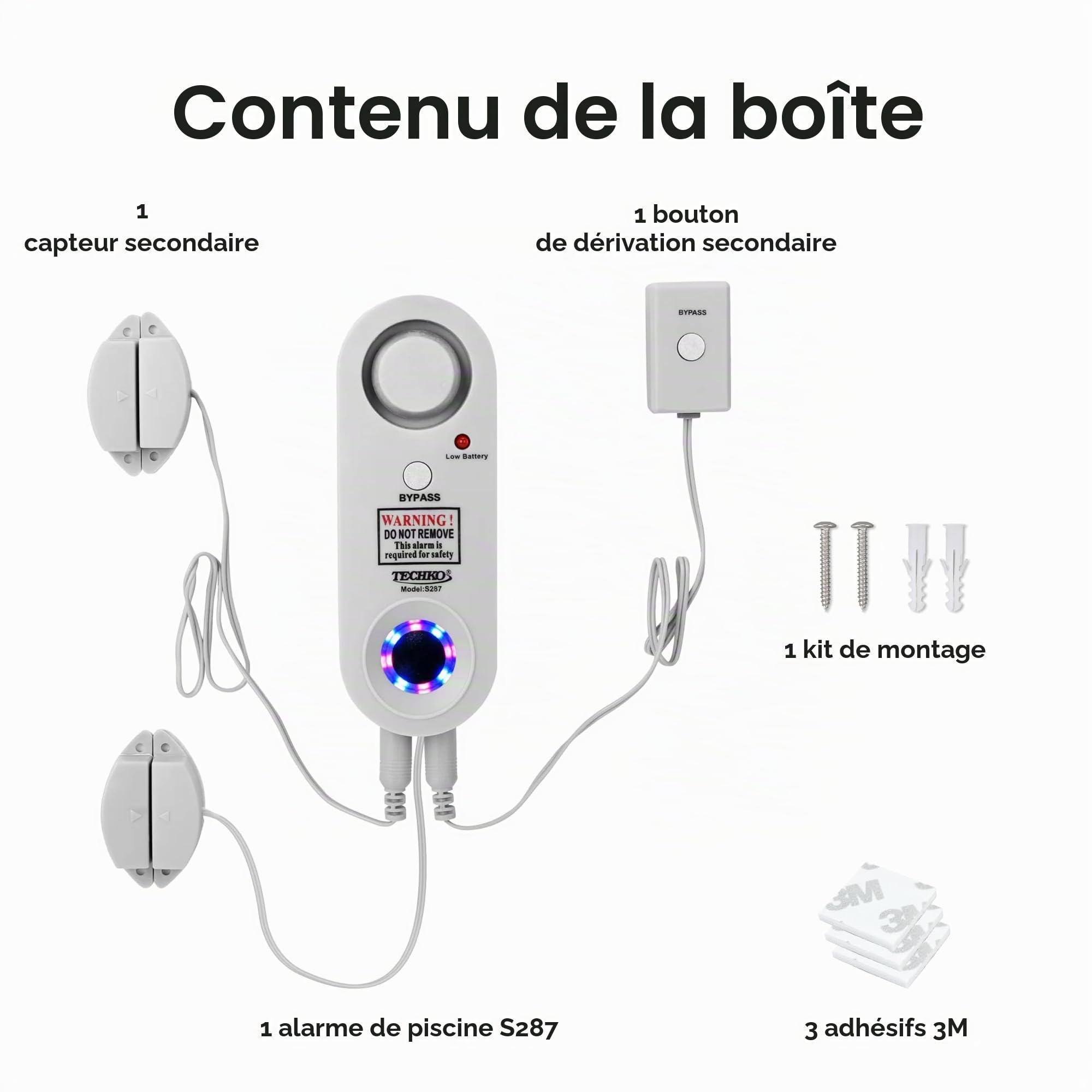 Techko S287 Alarme de piscine stroboscopique LED, lumières stroboscopiques, système d'alarme 115 dB, conforme à la norme UL 2017, résistante aux intempéries