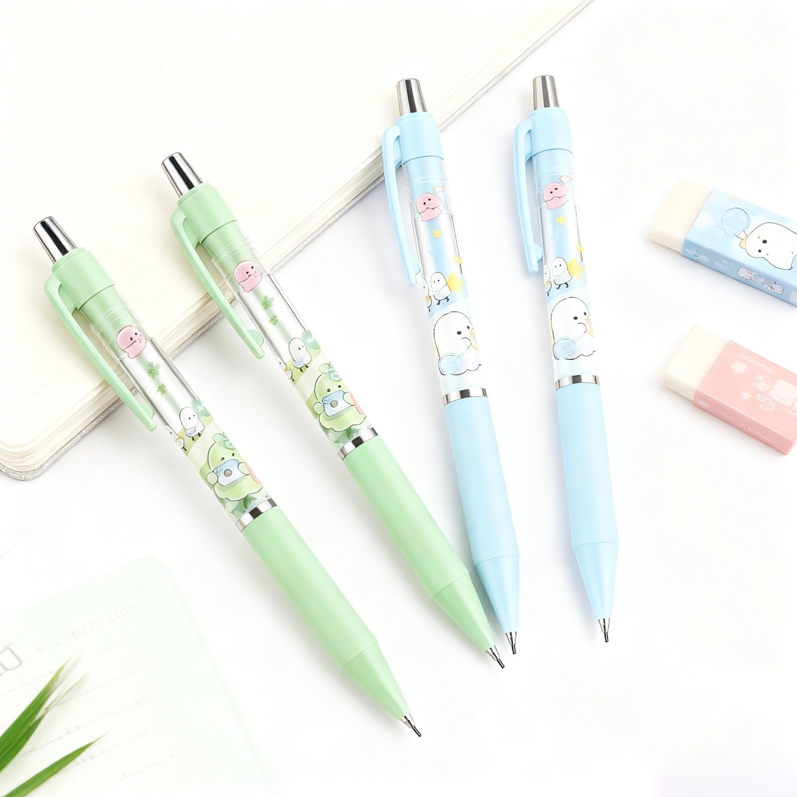 Lot de 4 porte-mines mignons verts avec gomme de 0,5 mm et 0,7 mm - Kawaii - Pour l'école, le bureau, l'écriture, le dessin