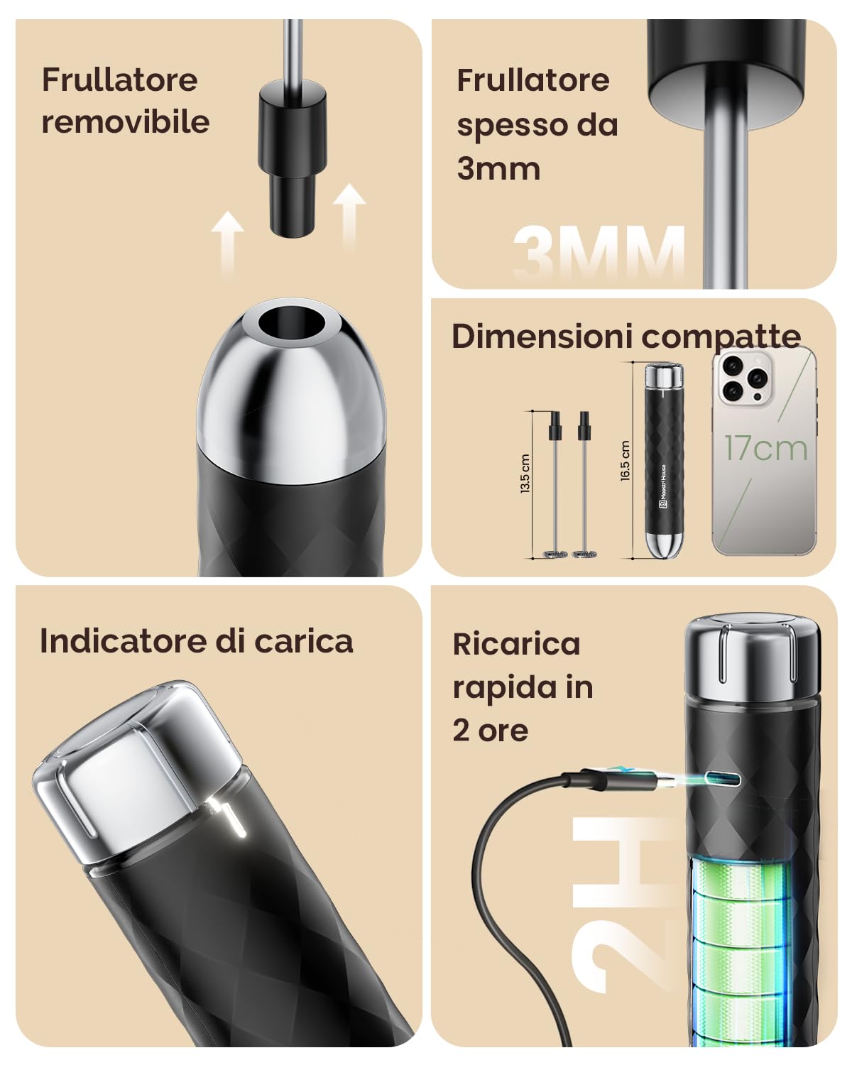Maestri House Montalatte, Frusta elettrica con regolazione continua della velocità, Frullatore ricaricabile con frusta e supporto in acciaio inox, frullatore per bevande per matcha