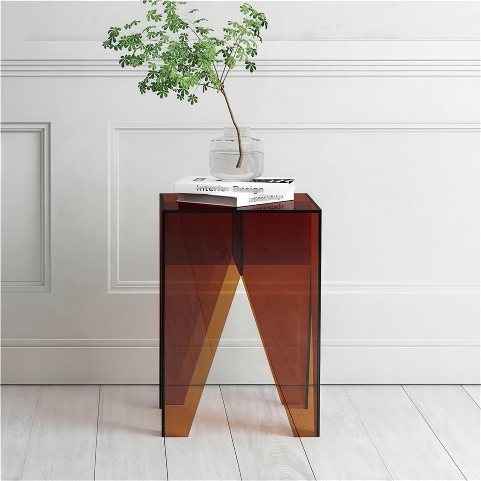 SXZenSpace Acrylic Sofa Side Table Clear Minimalist Accent Small Stool Nightstand for Living Room Balcony Multi-Purpose(Brown)