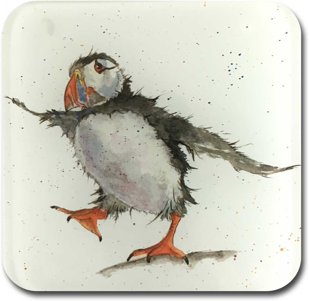Sarah Boddy Puffin Glass Coaster - Premium Drinks Mat, Artist Illustrated, 10cm x 10cm, Recycled Glass, Watercolour Puffin Illustration, Single Coaster