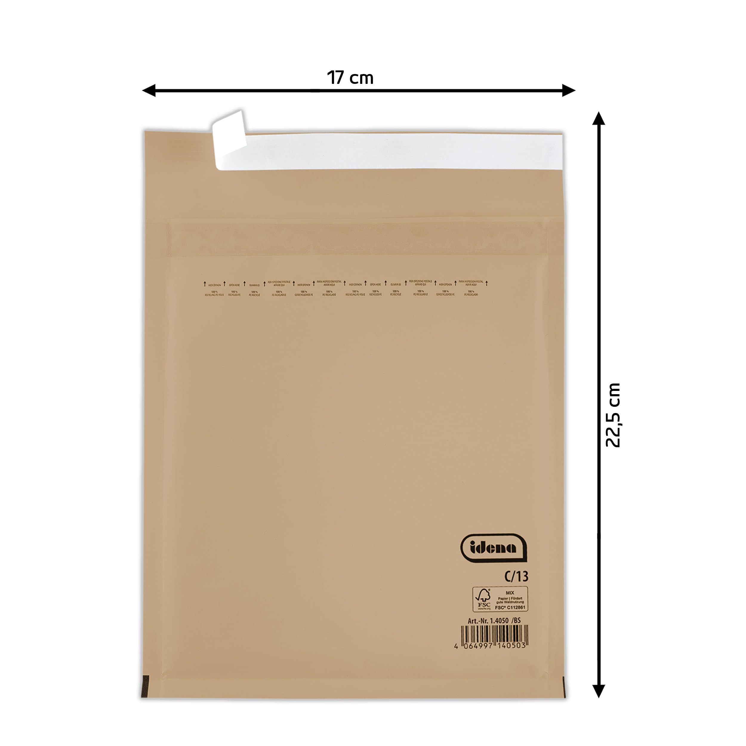Idena 90577 - Enveloppes matelassées C/13, 100 pièces de 17 x 22,5 cm, enveloppes d'expédition autocollantes, enveloppes matelassées en papier FSC mixte, couleur marron
