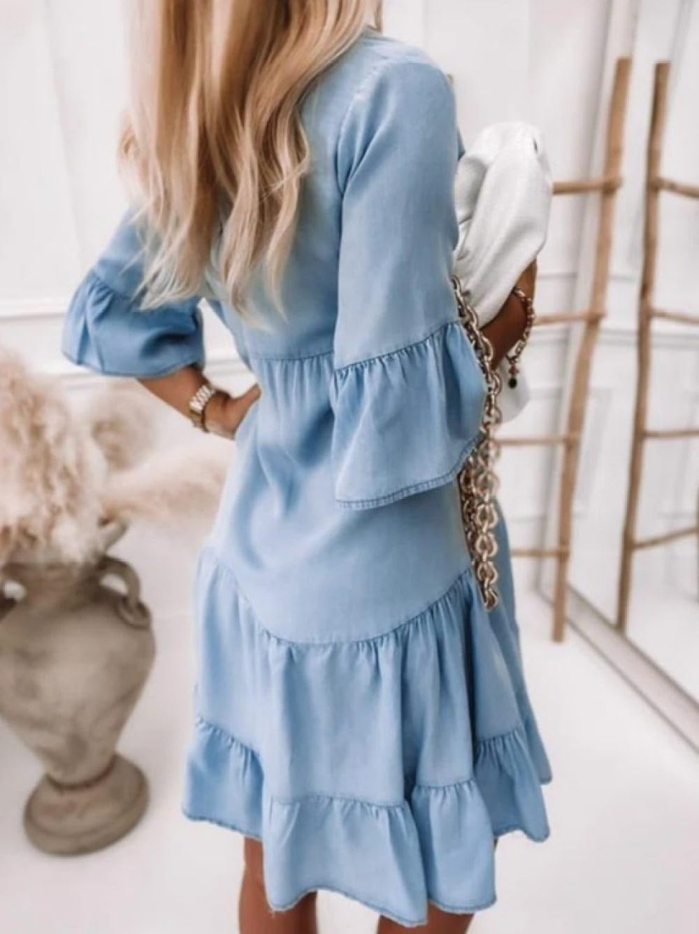 Damen Kleider Sommer,Damen-Jeanskleid Im Vintage-Stil Gewaschen Hellblau Rüschen Halbe Ärmel Reverskleid Lässig Locker Hemdblusenkleid Mit Knopfleiste Sommer-A-Linie Gestuft Fließendes Jeansklei