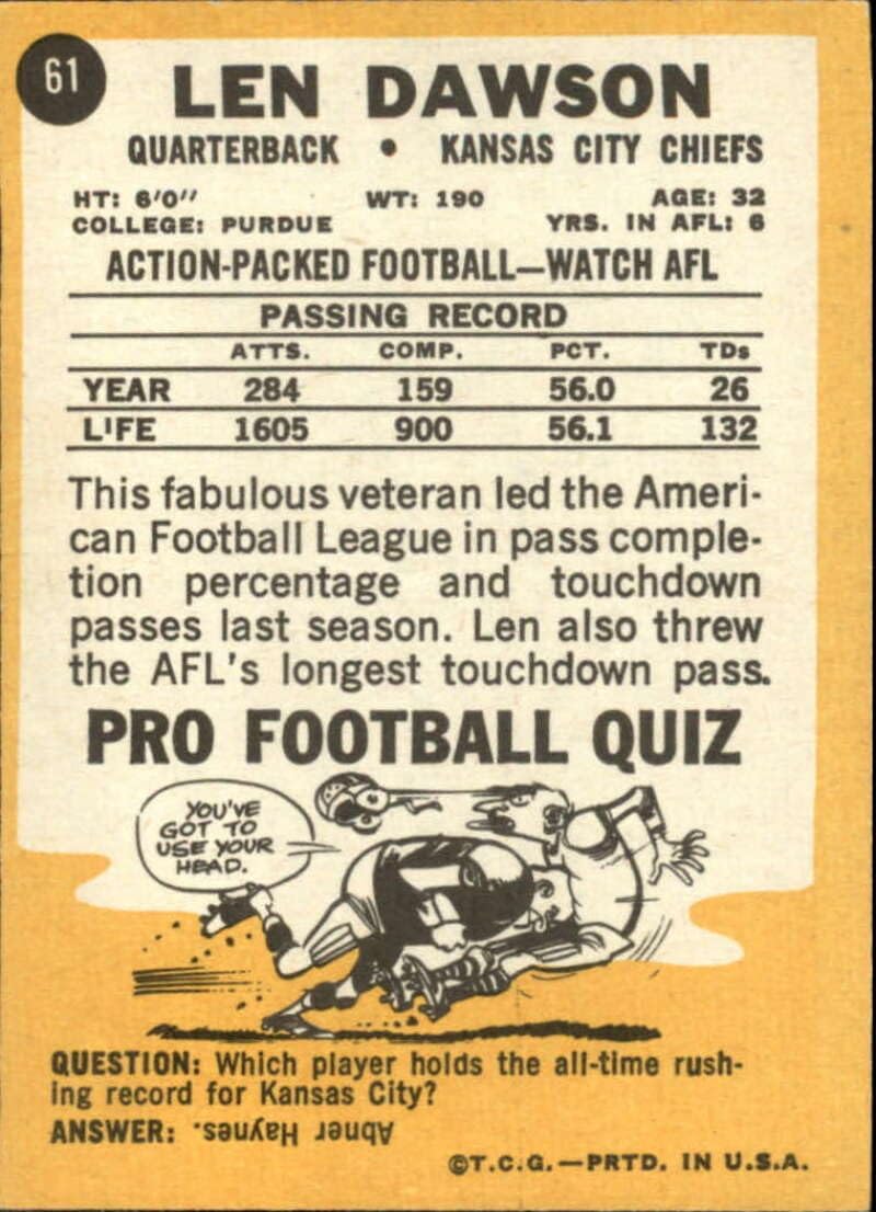 1967 Topps Football Series 1#61 Len Dawson Kansas City Chiefs Set Break 1 (See Scan for Actual NFL Trading Card you will receive)