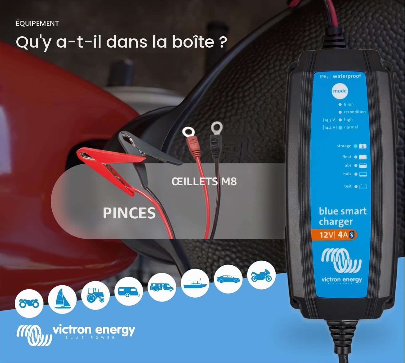 Victron Energy Blue Smart IP65 Chargeur de batterie de voiture intelligent 12 V 4 A, chargeur de batterie de voiture et désulfateur pour motos, VTT, RV, batteries au lithium et à décharge profonde