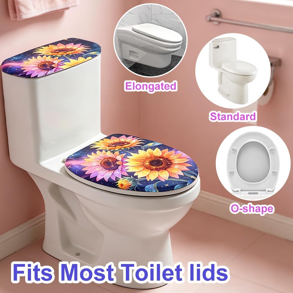 2Pcs Sunflower Toilet Lid Cover and Tank Cover Set Stretch Cover Sets Starry Toilet Seat Covers Fabric Sets Machine Wash Fits Round Elongated Oblong for Bathroom Replacement image 3
