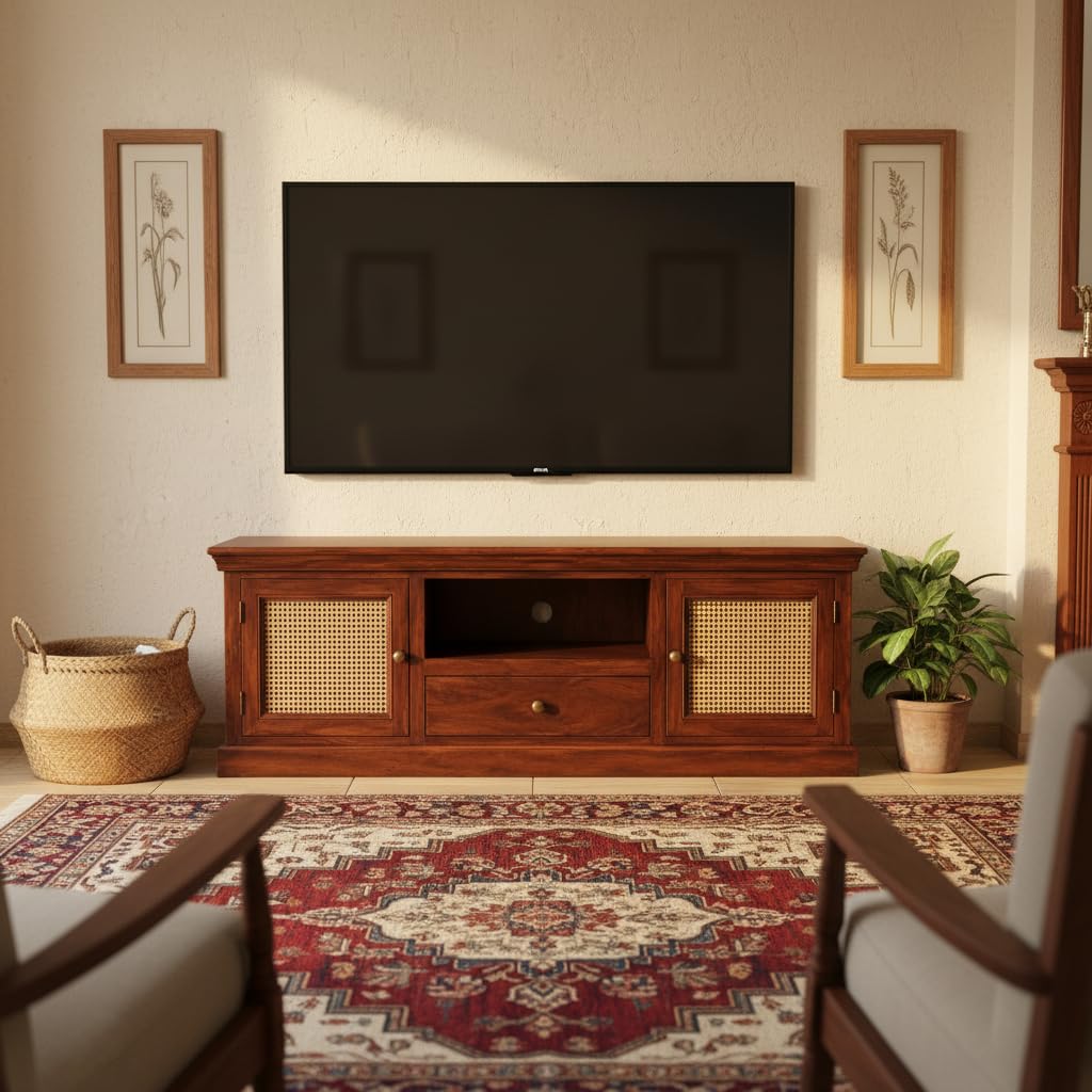 APRODZ Solid Sheesham Wood TV Unit Cabinet with Natural Cane Doors & Drawer | Wooden TV Stand for Living Room | Entertainment Unit with Storage Shelves | TV Console Cabinet for Home | Brown-image-21