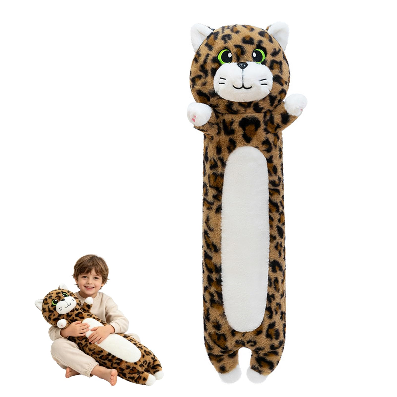 AMOSIJOY Lange Katze Kuscheltier, Leopardenmuster Katze Plüschkissen, Katze Plüschtier Ausgestopftes Tier Spielzeug Kuschelkissen als Schlafbegleiter, Geschenk Für Kinder Freundin (110cm)