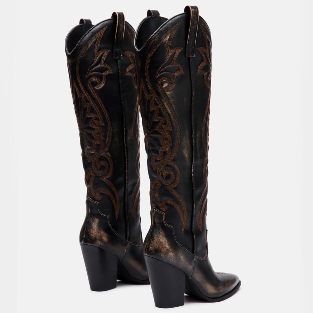 Vintage Embroidered Cowboy Boots Women Knee High Western Boots High Chunky Stacked Heel Suede Pointed Toe Tall Cowgirl Boots Satin Studded Combat Boot Pull On Fall Winter Dressy 4-11 M US - Image 4