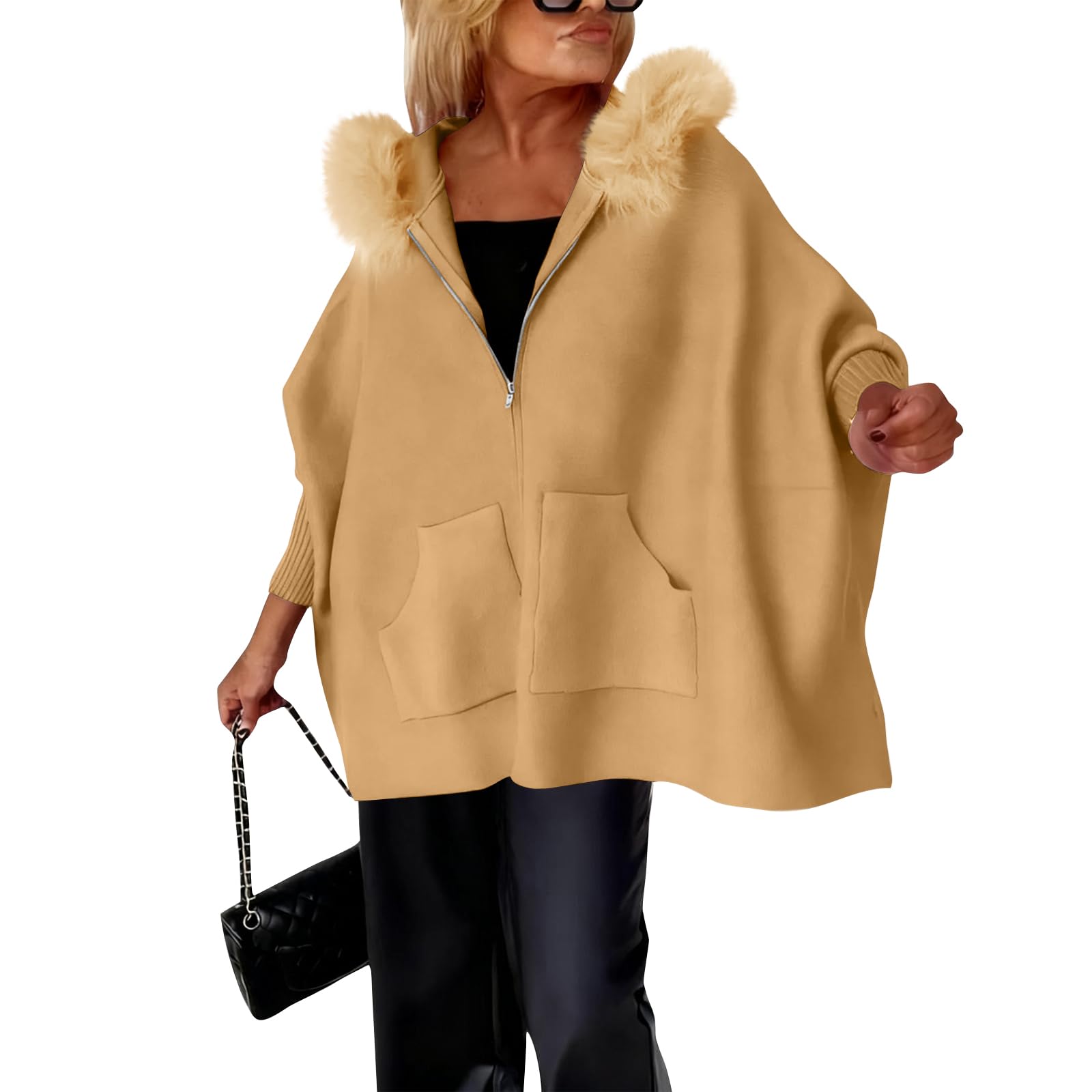 FQZWONG Womens Zip Up Hooded Poncho Sweater Trendy Fur Collar Solid Color Jacket Casual Knit Cardigan Faux Fur