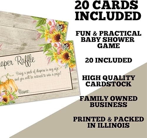 Miniatura 2 de Amanda Creation Acuarela Girasol y Peonía Floral con Calabazas, Rifa de pañales de otoño para baby showers, 20 insertos de doble cara de 2 x 3