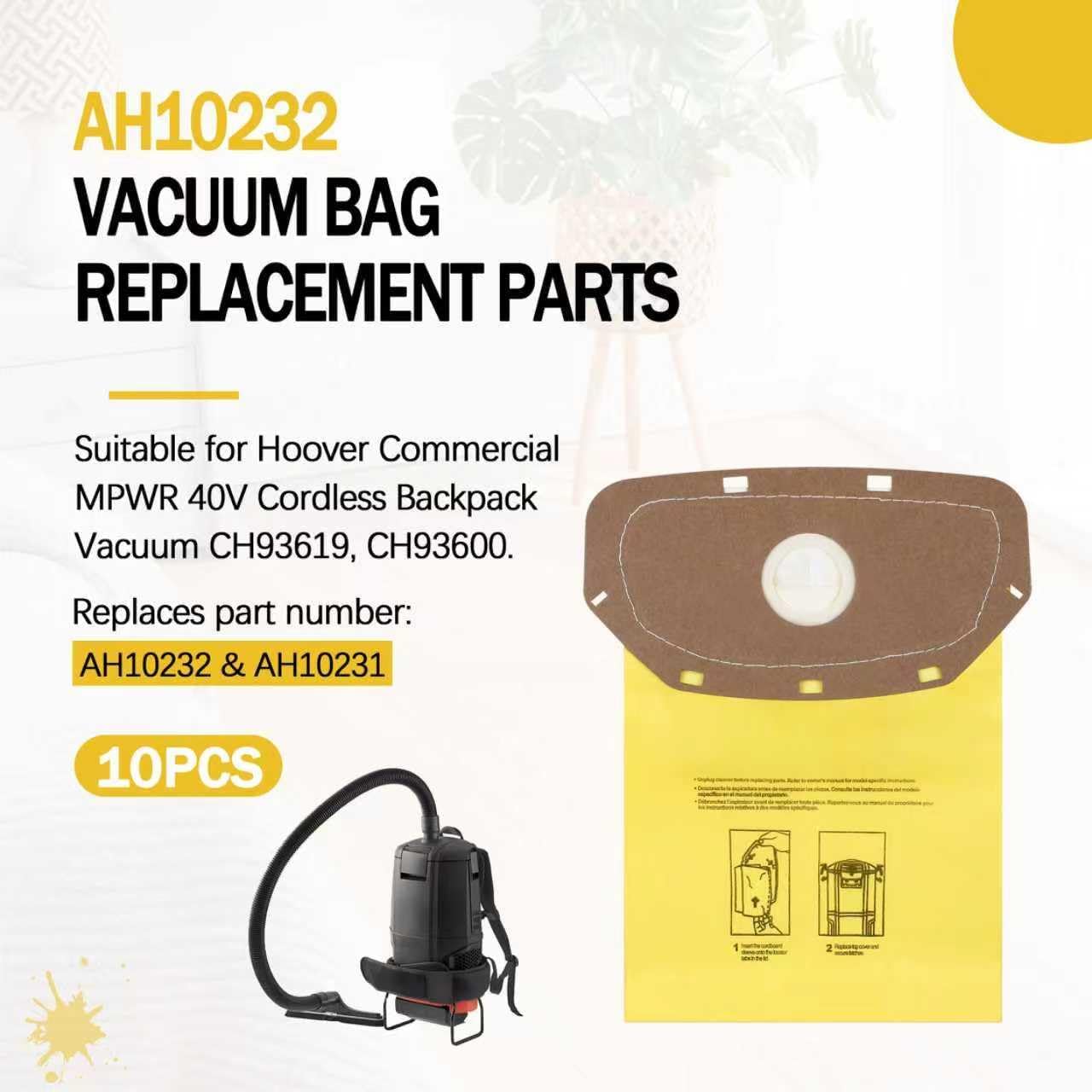 AH10232 Vacuum Bags for Hoover MPWR 40V Cordless Backpack Vacuum, 10P | For Hoover Commercial Residential, MPWR 40V Cordless Back Vacuum, CH93619, CH93600