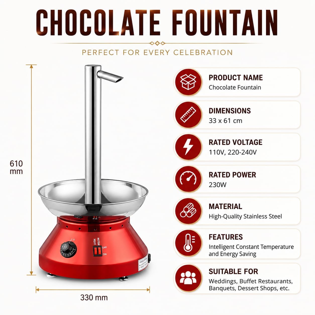 Macchina per fontana di cioccolato, fontana elettrica da 230 W con capacità di 3000 ml e controllo della temperatura per feste, eventi e uso domestico