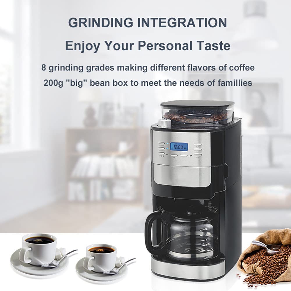 Macchina da caffè con Filtro a Goccia, Macchina da caffè Automatica con macinacaffè Integrato, appuntamento 24 Ore su 24, capacità del Serbatoio dell'Acqua 1,8