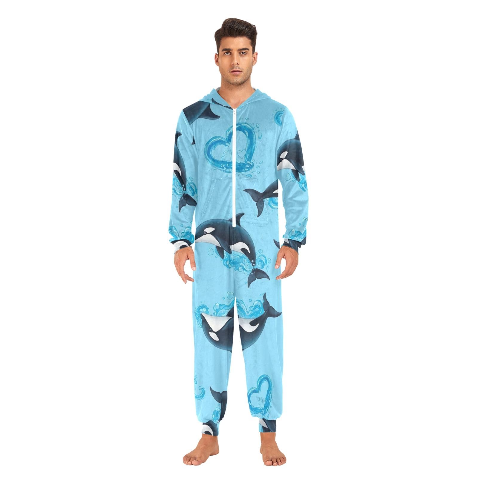 Dolphins - Tutina intera da adulto, in velluto di cristallo, con cappuccio, colore: azzurro