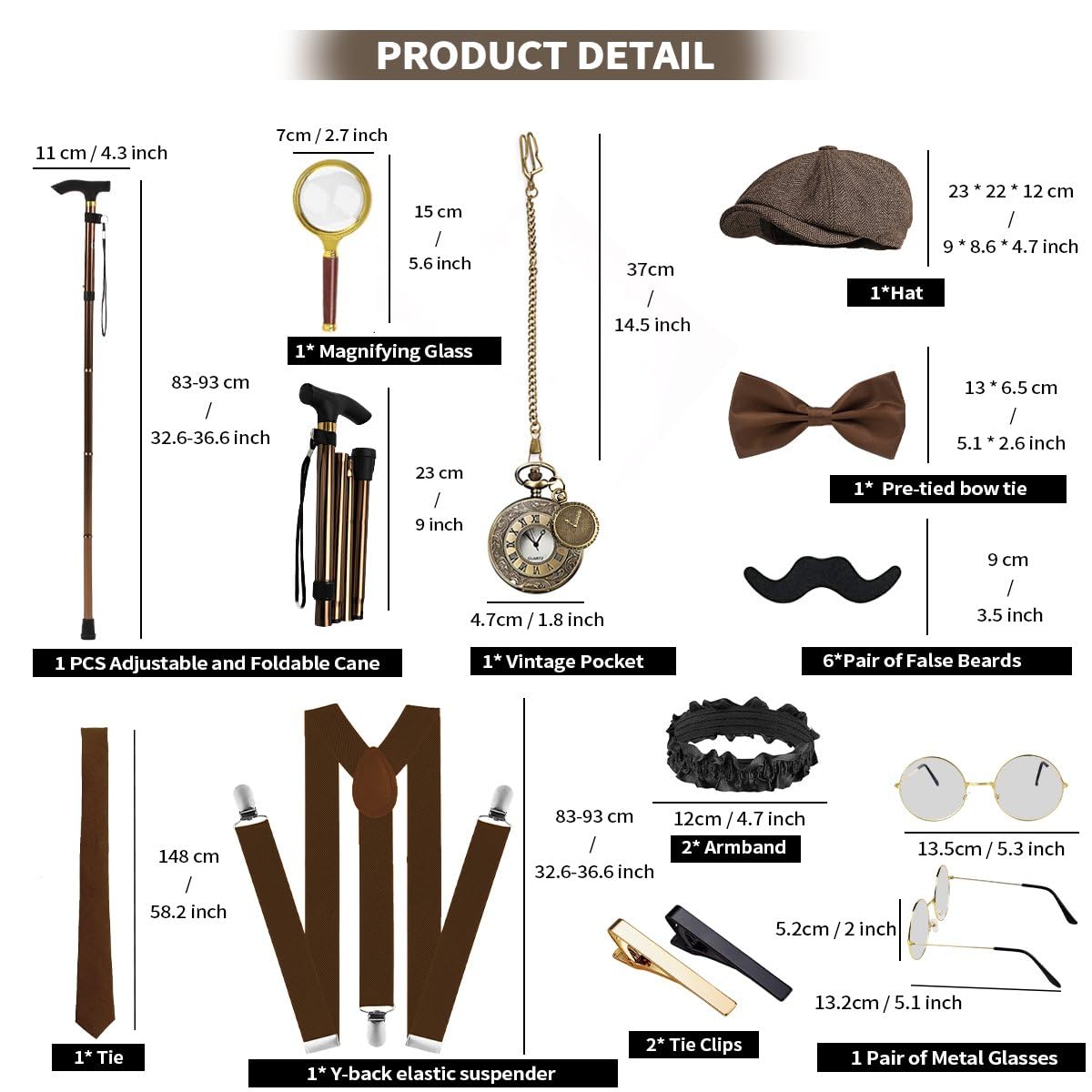 Disfraz de los años 20 para hombre, chaleco con accesorios, lupa, muleta, reloj de bolsillo, barba, boina, gafas, alfiler de corbata para disfraz de mafia, disfraz de 1920S, gángster, Peaky Blinders