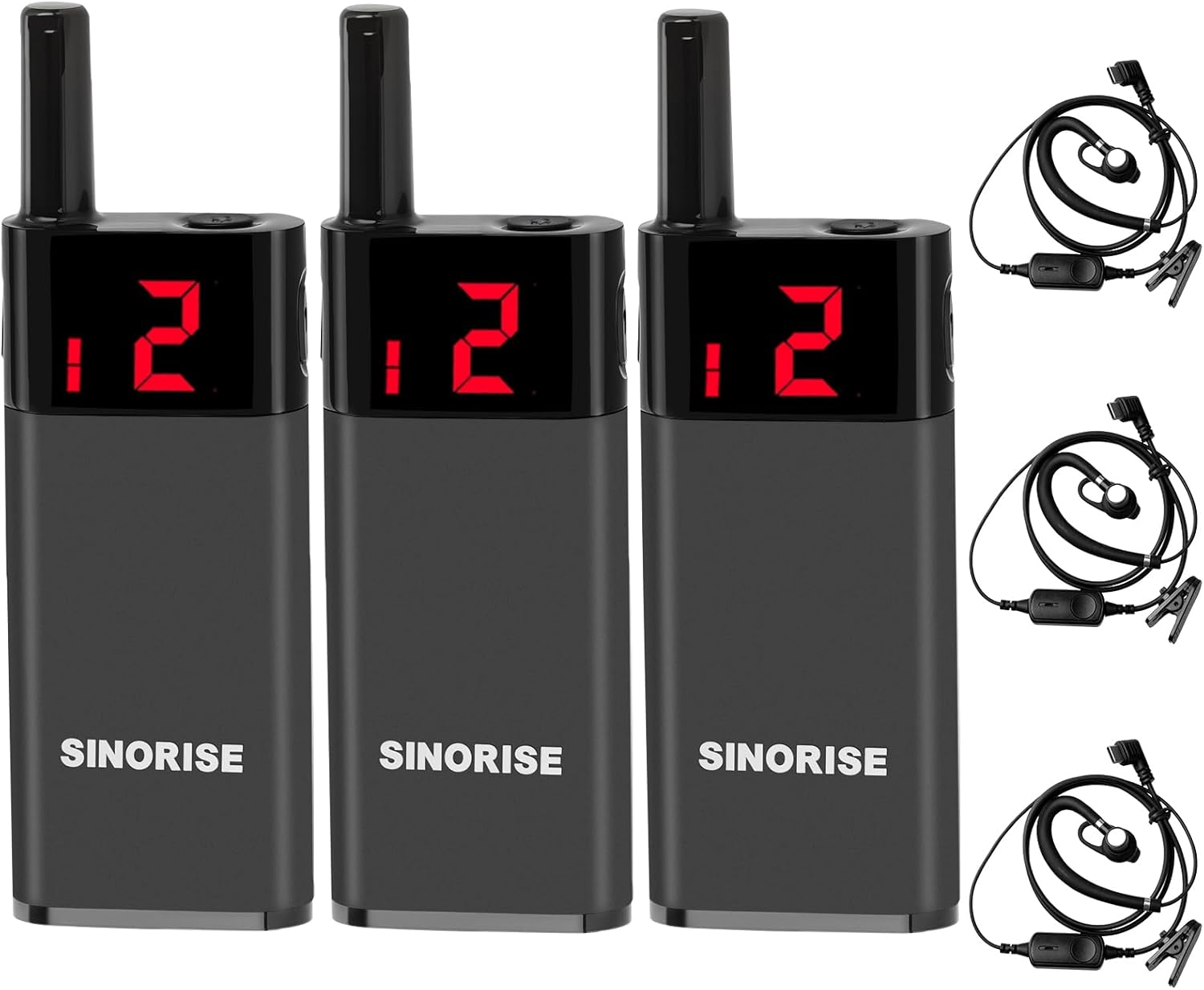 Three SINORISE Mini Walkie Talkies with three G-shape ear hook earpieces