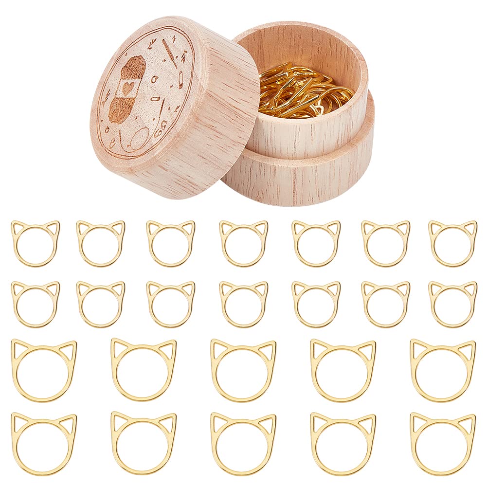 NBEADS 30 Pcs Cat's Head Stitch Marker Rings, Alloy Metallic Stitch Marker Knitting Stitch Counter Stitch Ring Markers with Wooden Storage Box for Knitting Sewing Quilting Jewelry Making
