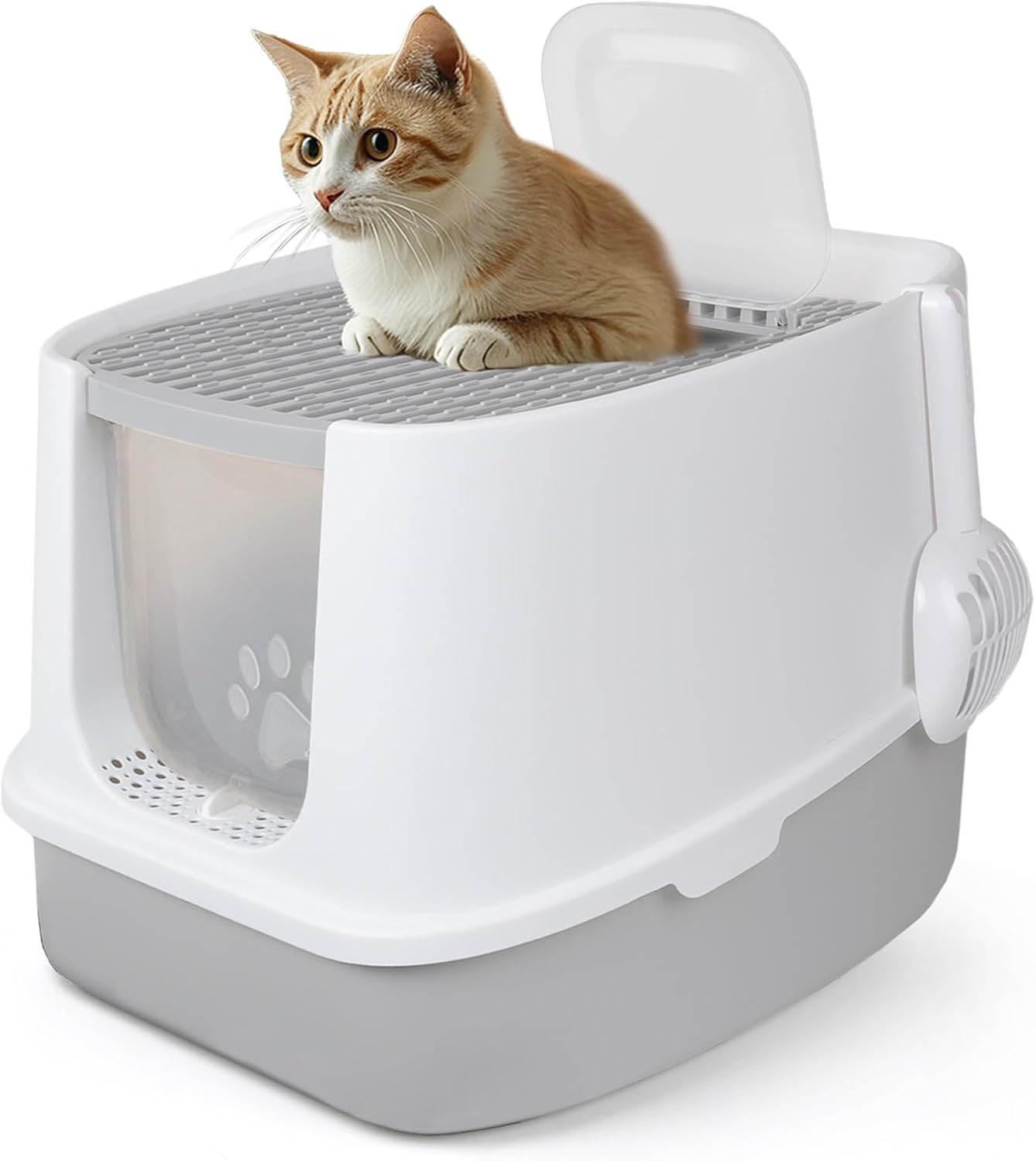 CALIYO Katzentoilette mit Deckel – Geruchshemmende geschlossene Katzentoilette mit hohen Rändern, Katzentoilette mit Sieb für große Katzen bis 7,5 kg, Katzentoilette (51×45×40 cm, Weiß)