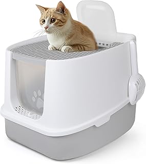 CALIYO Katzenklo mit Deckel - Anti-Geruch Katzenklo Geschlossen mit Hoher Rand, Katzentoilette mit Sieb & Matte für Große Katzen bis 7.5kg, Cat Litter Box (Grau-Weiß, 51×45×40 cm)