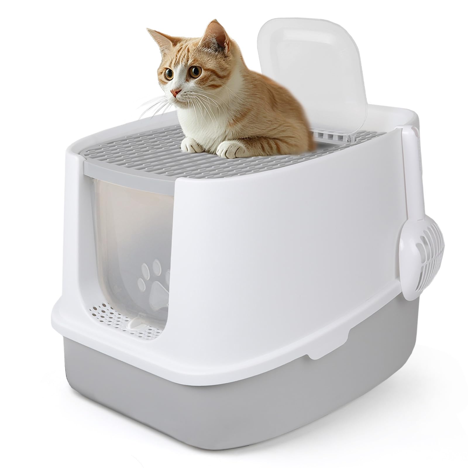 CALIYO Katzenklo mit Deckel - Anti-Geruch Katzenklo Geschlossen mit Hoher Rand, Katzentoilette mit Sieb & Matte für Große Katzen bis 7.5kg, Cat Litter Box (Grau-Weiß, 51×45×40 cm)