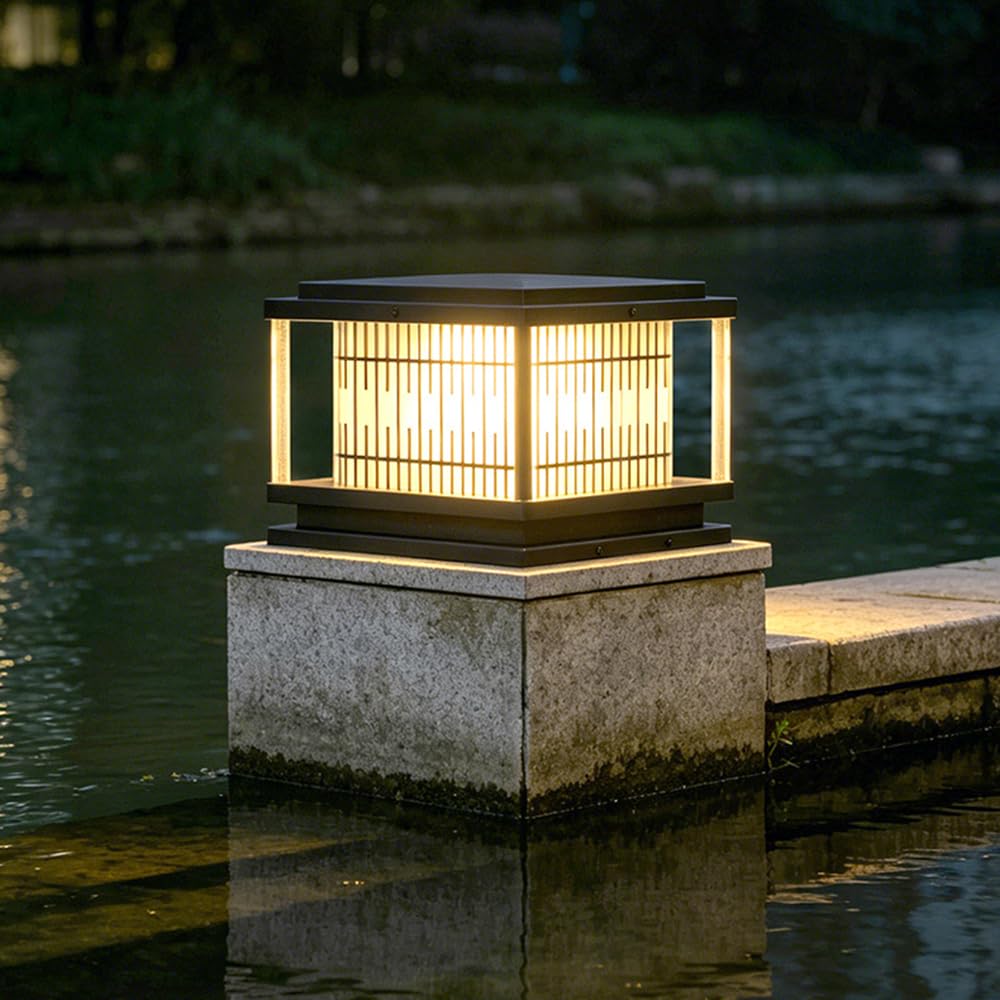 Solarna lampa ogrodowa z kolumną, czarna, kwadratowa, zewnętrzna