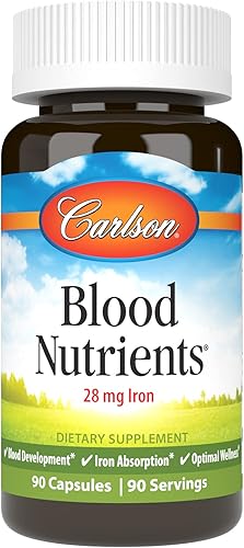 Carlson - Nutrientes en la sangre, 28 mg de hierro, desarrollo sanguíneo, absorción de hierro y bienestar óptimo, 90 cápsulas disponible en Yaxa Colombia