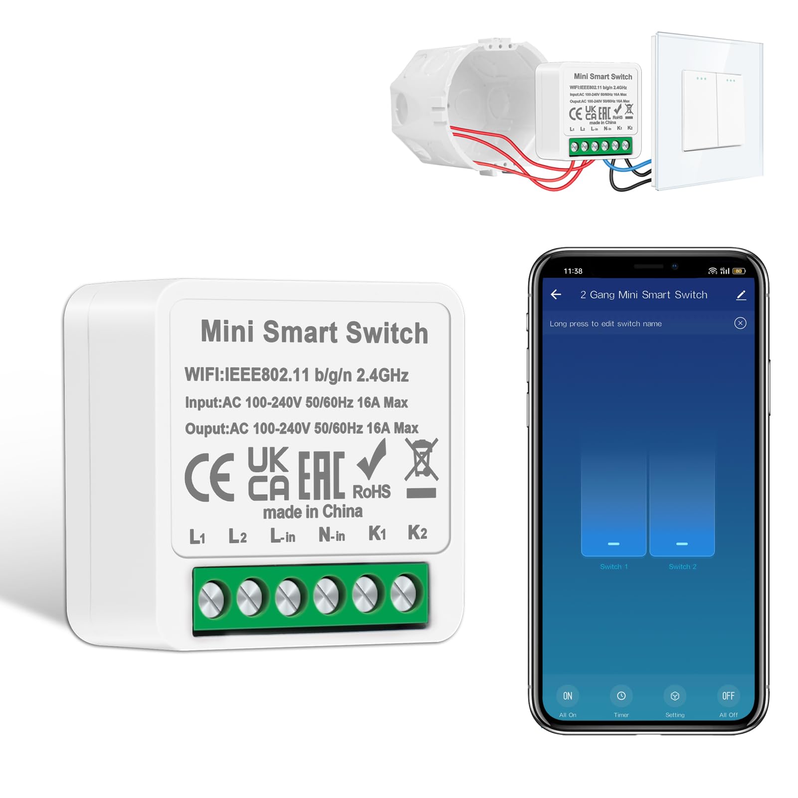 1 módulo de interruptor de luz inteligente CNBINGO de 2 vías de 1 vía, mini interruptor WiFi DIY encaja detrás del interruptor de pared, interruptor inteligente compatible con Alexa Echo, Google Home,