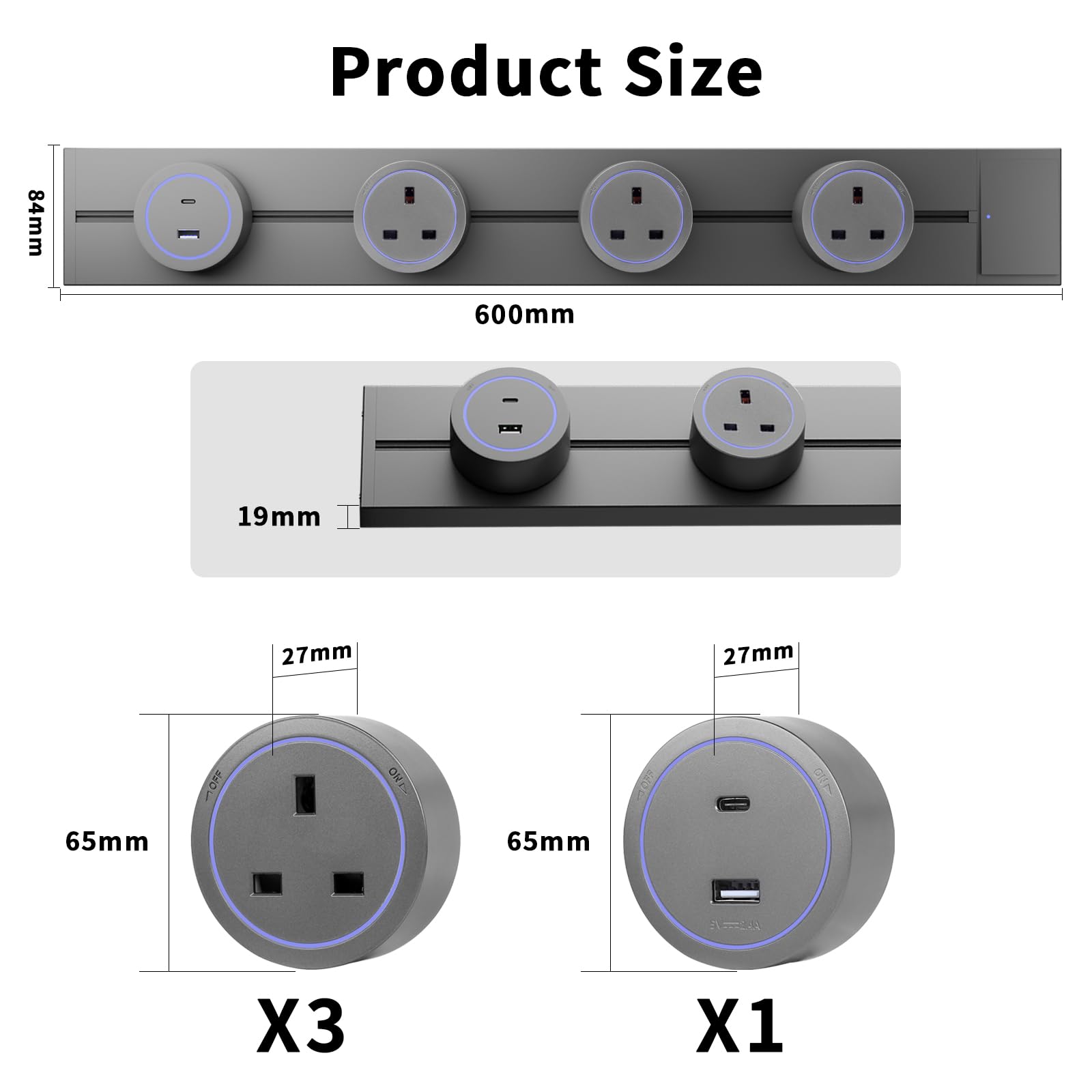 CNBINGO Toma de pista, enchufes eléctricos con 4 adaptadores, riel de enchufe de pared de 60 cm con interruptor para hogar, oficina, cocina, color gris