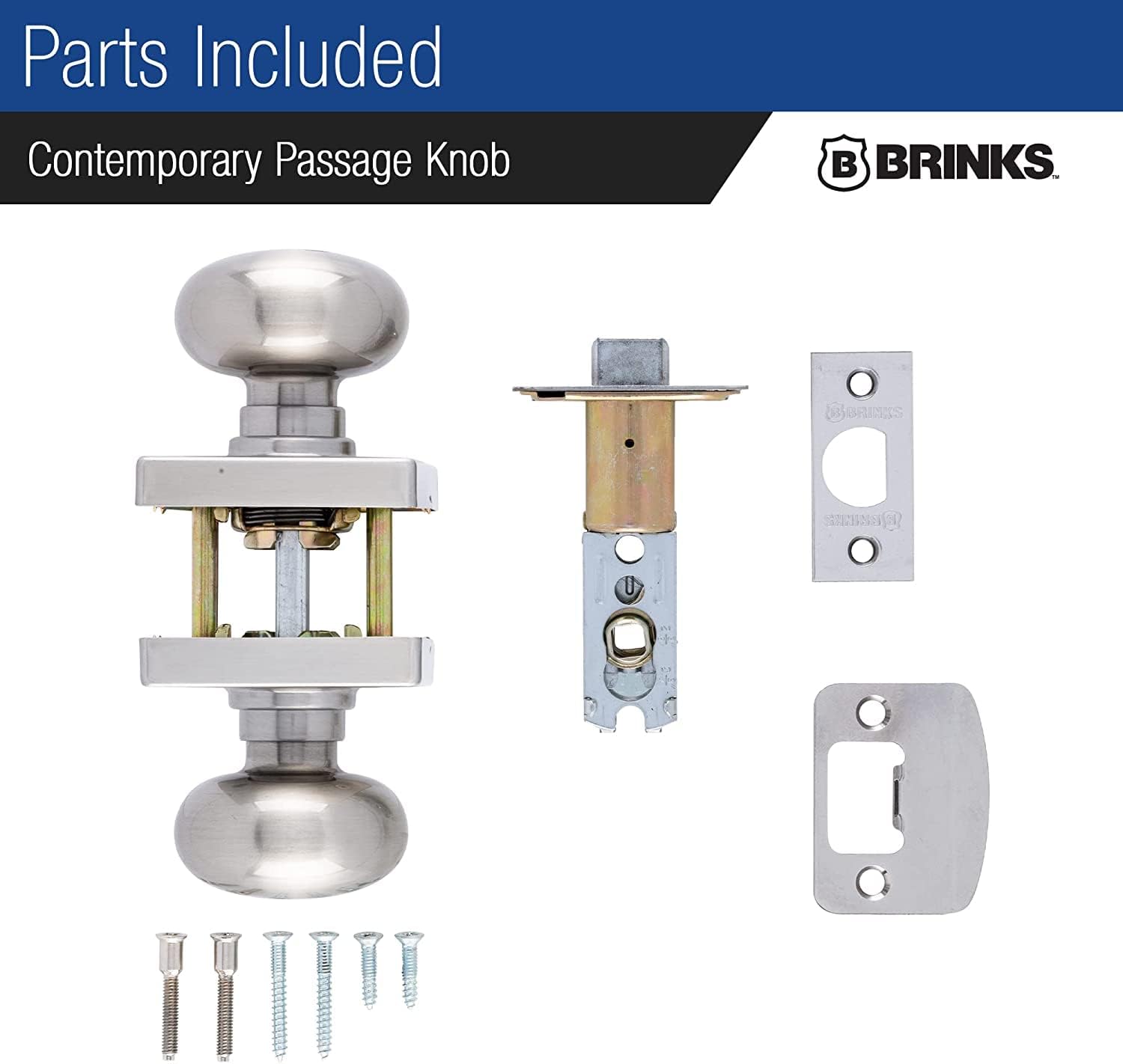 BRINKS Contemporary Passage Ball Door Knob, Modern Lock Set, Interior Door Knobs for Sleek Home Decor - Satin Nickel (Pack of 6)