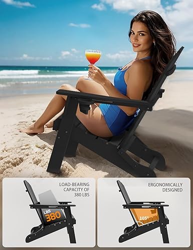 Miniatura 5 de Silla Adirondack plegable, sillas Adirondack de plástico texturizado de madera con soporte para 2 tazas, silla para hoguera de polietileno de alta