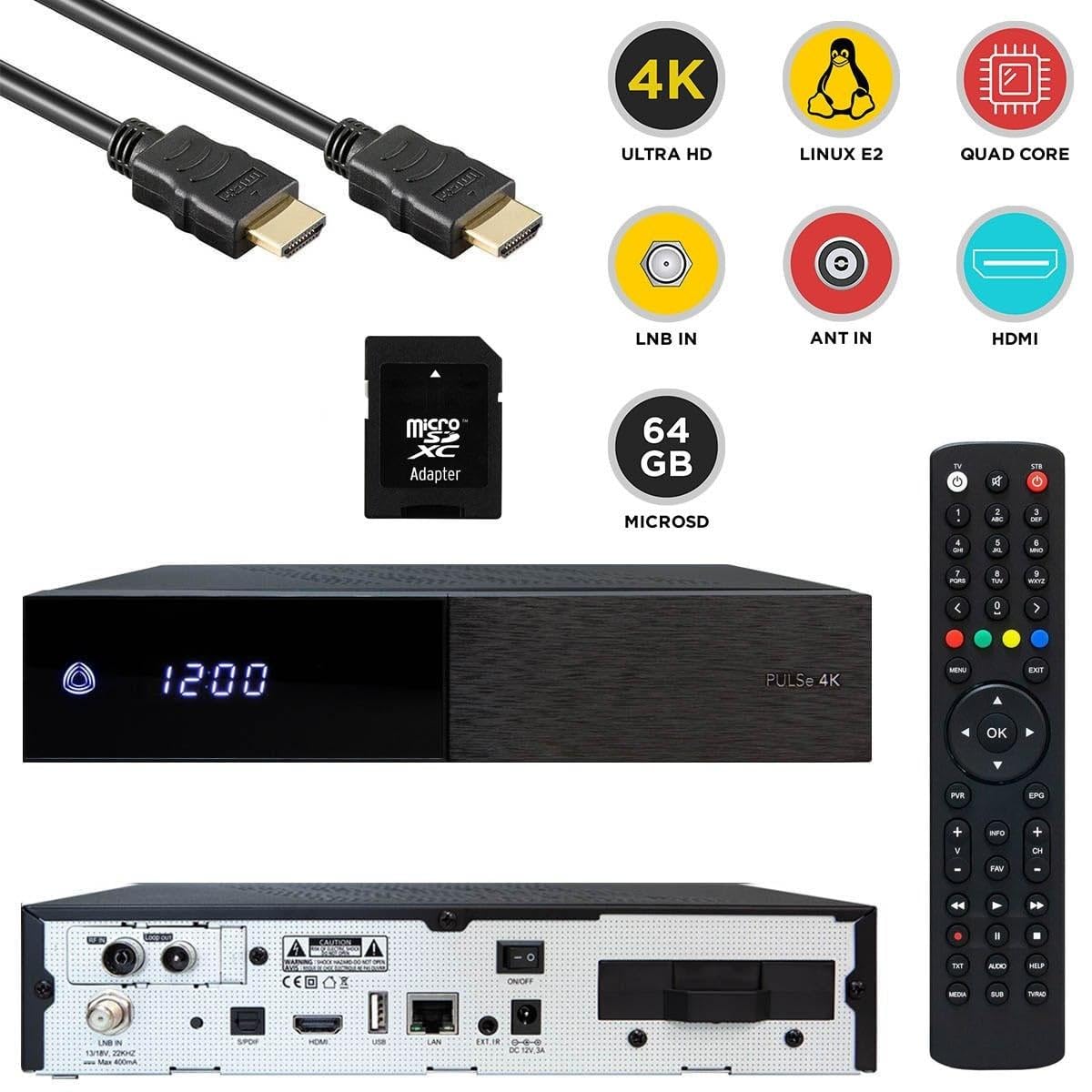 AB Pulse 4K UHD Combo Receiver (1x DVB-S2X Sat, 1x DVB-C/T2 Kabel, Linux E2, PVR, H.265, HDR10, USB 2.0, HDMI, CI, CA-Kartenleser, MicroSD-Slot, LAN, schwarz, 64GB MicroSD)