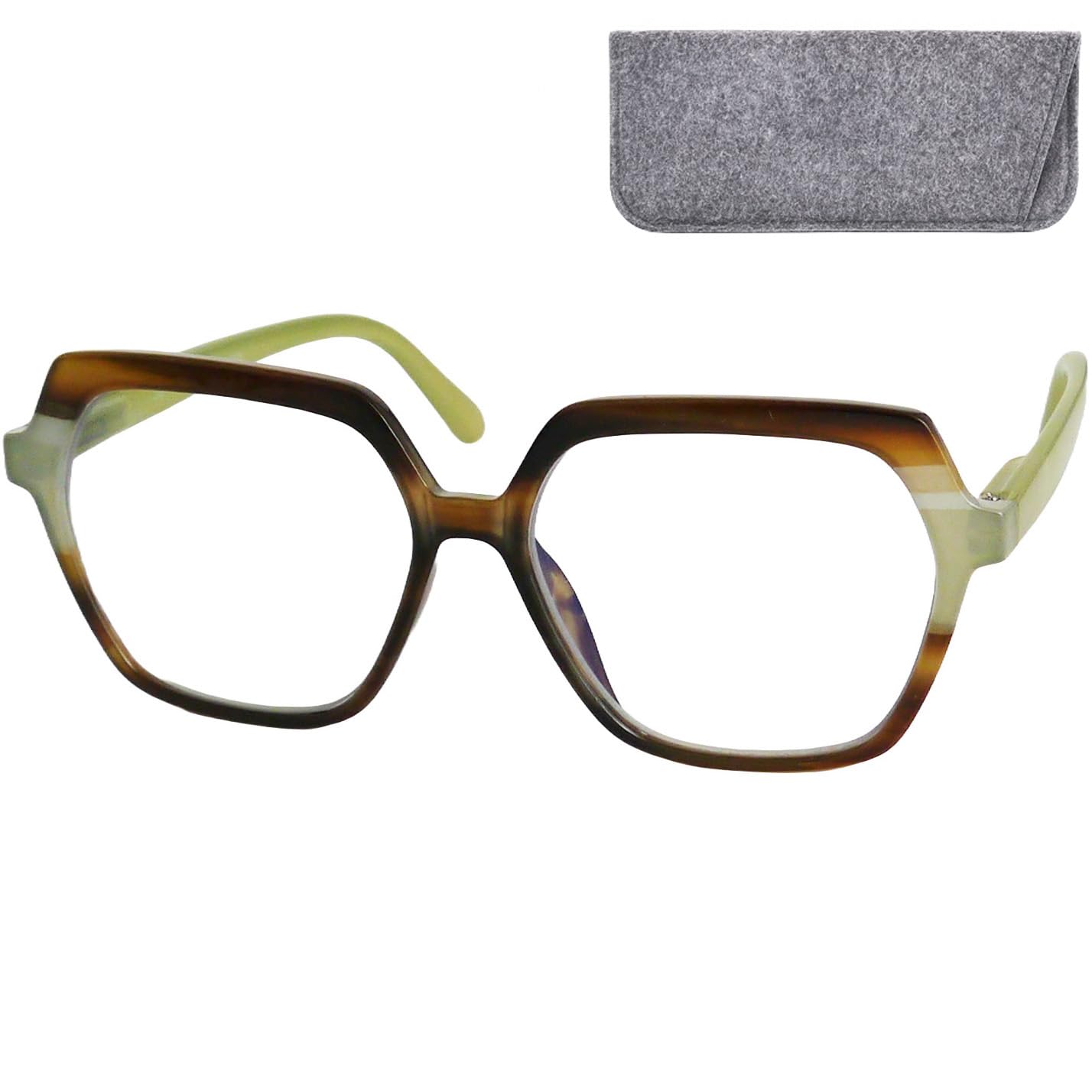 Mini Brille Women's Colored Green - Modern Reading Glasses With Frame (Green) And Large Hexagonal Scratch-Resistant Lenses, Case Included, Specs Oversize + 1.50 Magnification