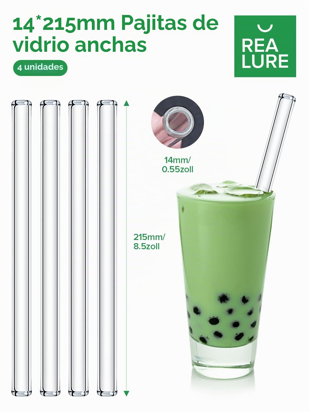 Realure 4 Pcs Pajitas Bubble Tea, 14mm Extra Ancha de Cristal Reutilizables, Transparentes de Vetro Rectas 215mm Con Cepillitos, Para Bubble Tea, Cócteles, Batidos, Jugo