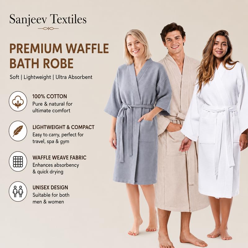 ST (SANJEEV TEXTILES) Sanjeev Textiles Unisex Cotton Heavy Waffle Bathrobe (White) 2