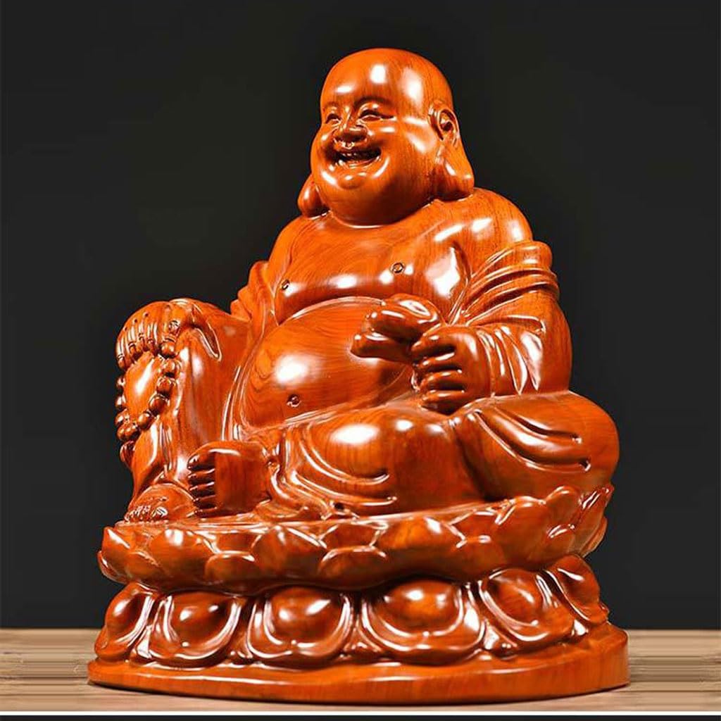 Dekoracja pulpitu Drewniana statuetka Buddy Ozdoby Siedzący Lotos Uśmiechnięty Budda Rzeźby z litego drewna Dom Salon Mahoń Rzemiosło Rzeźby Wystrój Domu(19,68 cala)