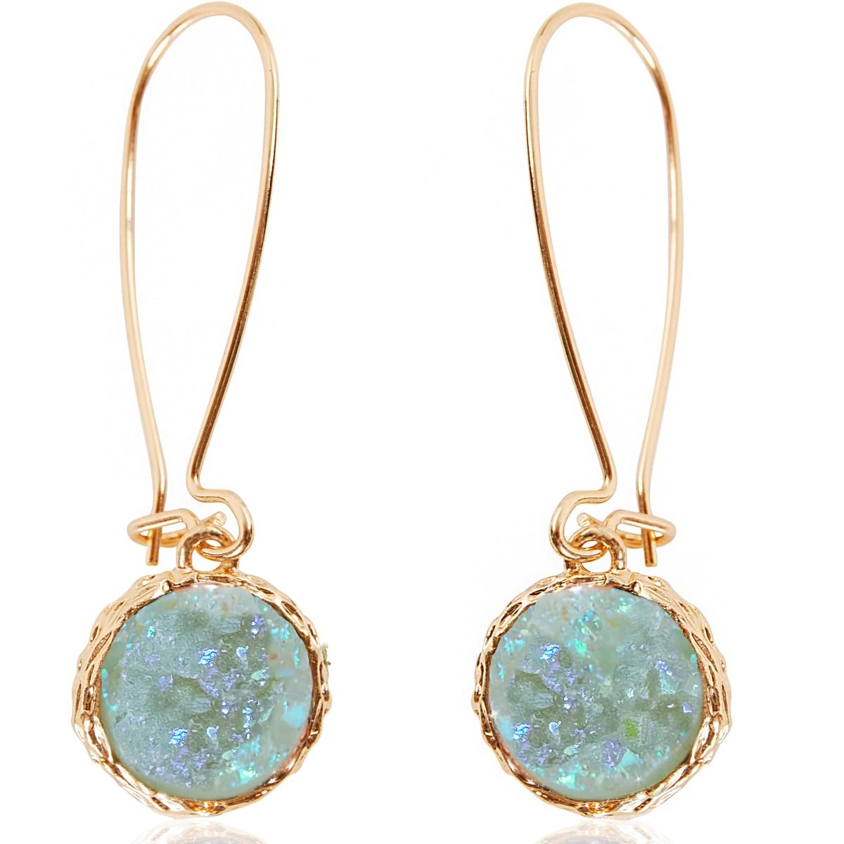 Simulated Druzy Threader Drop Earrings for Women - Gold, Silver, or Rose Gold Tone Trendy Boho Dangles with Sparkly Round Stone