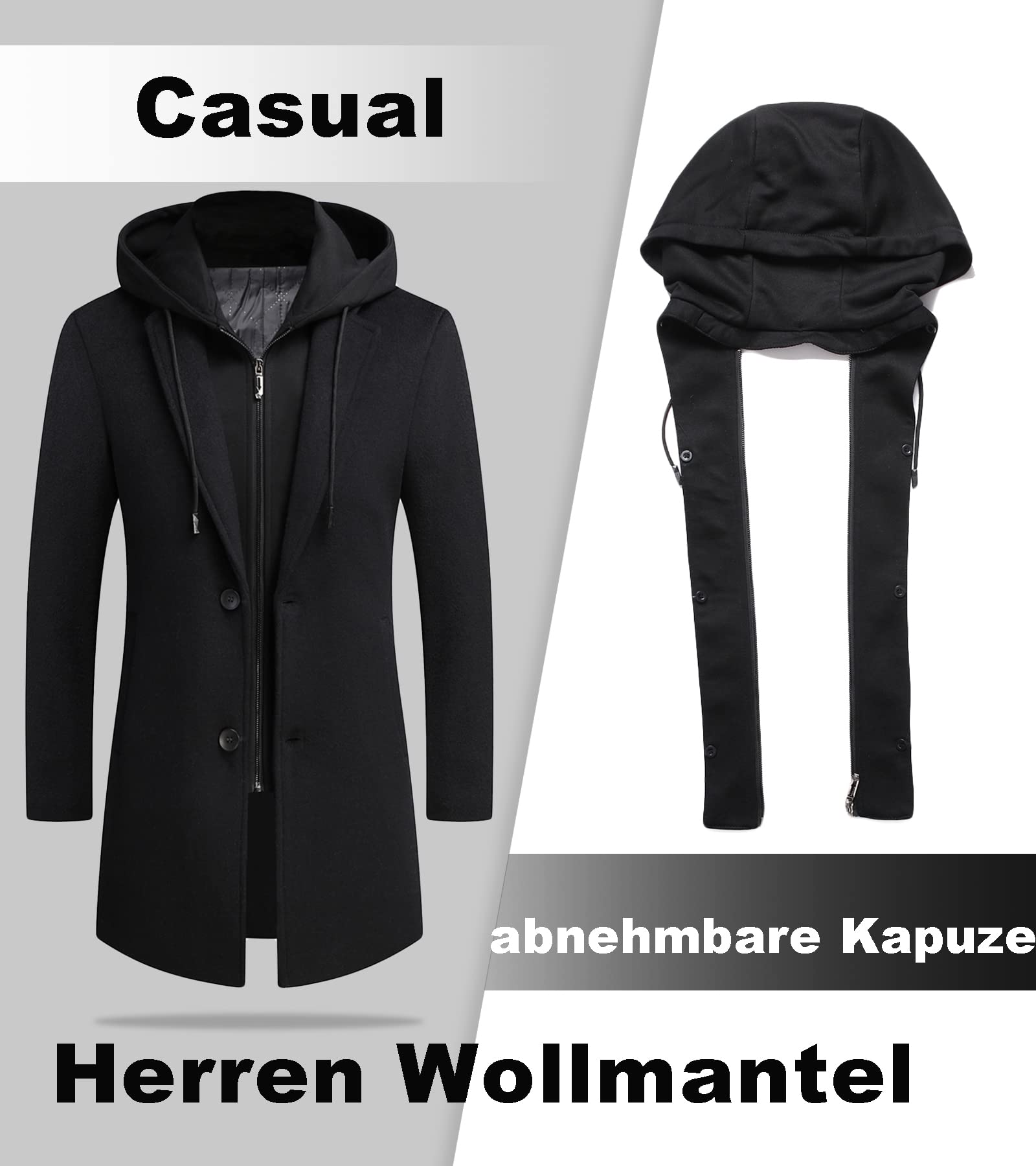 Luckyone Wintermantel Herren Mantel Slim Fit Lang Wollmantel Business Mantel mit Stehkragen Herren Winter