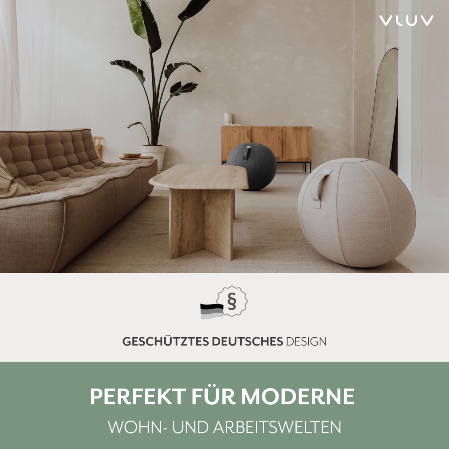 Ballon-siège VLUV STOV, siège ergonomique pour le bureau et la maison, couleur: Anthracite (gris foncé), Ø 60cm - 65cm, Tissu d’ameublement de qualité supérieure, robuste et indéformable avec une poignée de transport