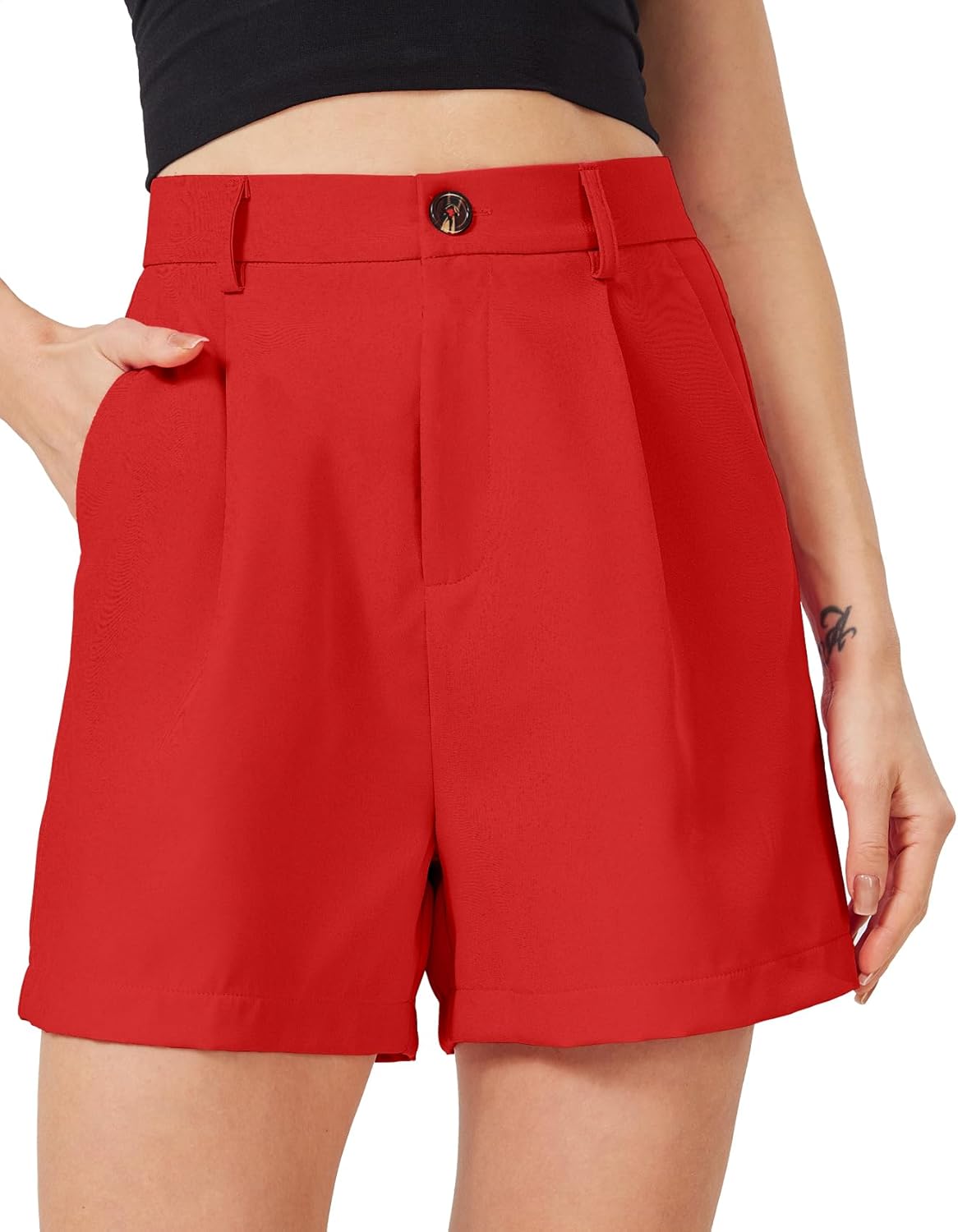 Women's Casual Pleated Dressy Business Work Shorts Elastic High Waisted Wide Leg with Pockets
